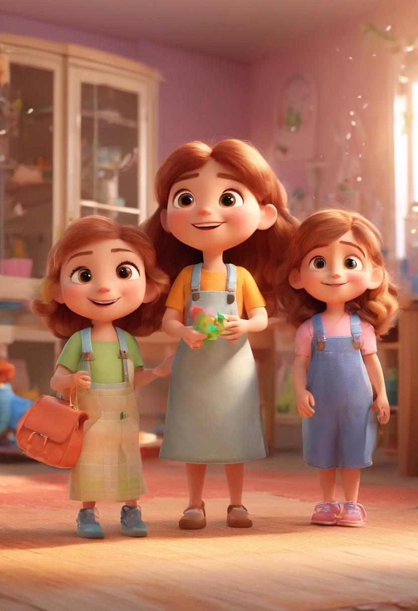 Estilo Pixar: Familia, A mother and two girls. Uma de 1 ano e uma meninaanos.