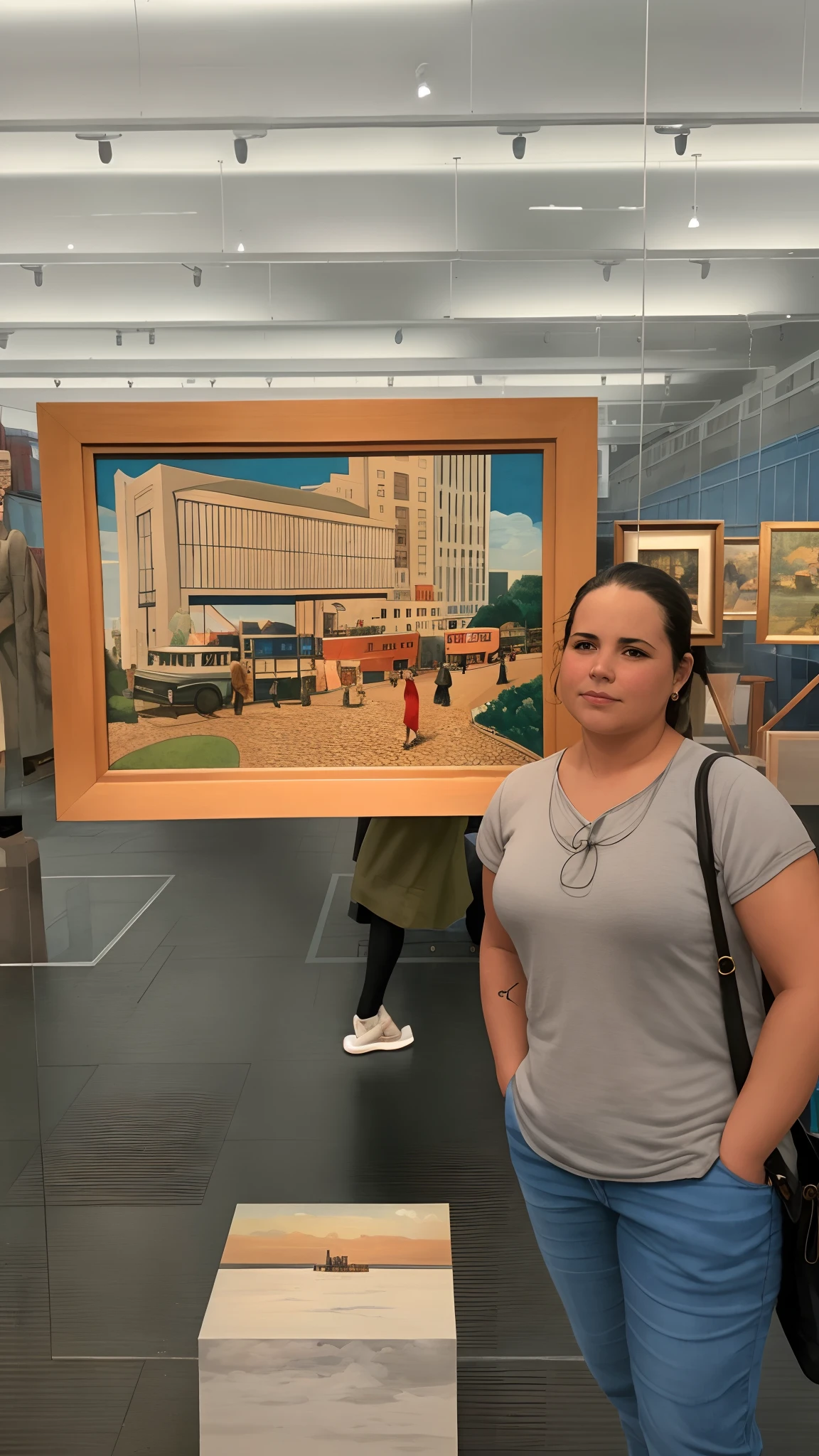 Woman standing in front of a painting of a city scene, obra-prima vencedora do concurso, inspirado em John Philip Falter, com uma figura ao fundo, no museu, hiper realista, inspirado em Kurt Wenner, hiper - realista, Simin Stalenhag, a person standing in front of a, Arte Realista, inspirado em Paul Gustav Fischer