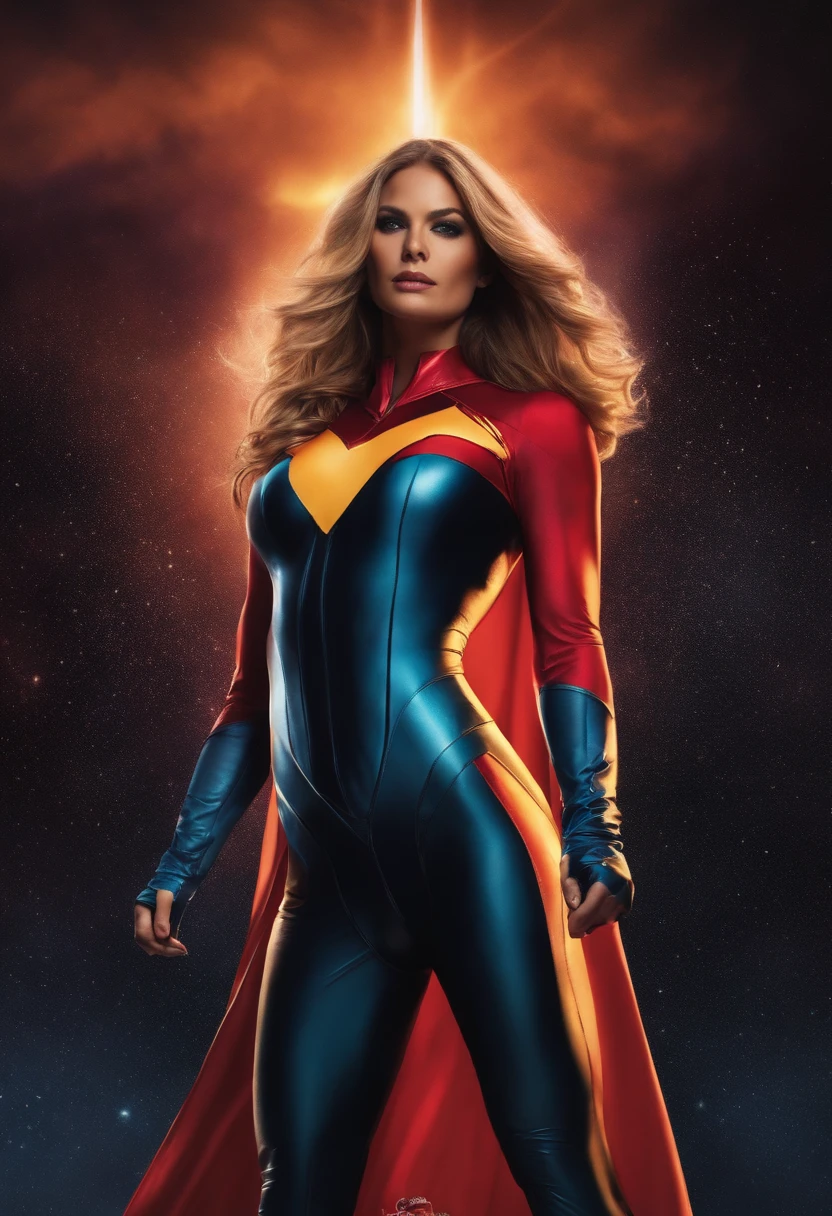 Superheroine wearing tight suit and chest written Tent