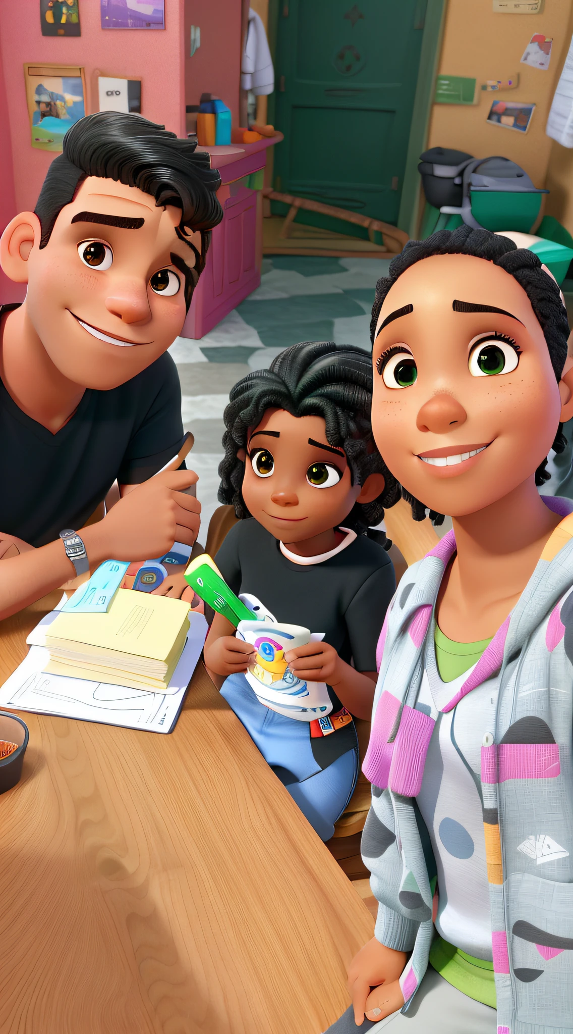 um homem moreno, uma mulher negra, um moreno no sentado no meio cabelo cacheado, olhos verdes estilo disney pixar, alta qualidade, melhor qualidade