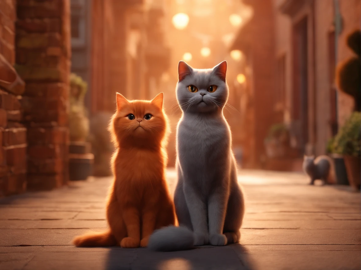 Pixar. create a 3D disney pixar style poster, with the title friends forever, with a Japanese girl with long straight dark red hair, with three completely gray Persian cats, a completely beige Persian cat and a garfield style orange Persian cat.