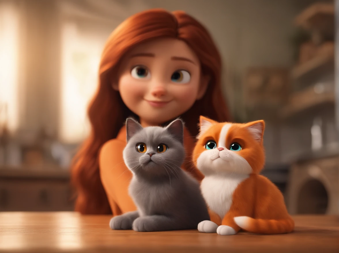Pixar. create a 3D disney pixar style poster, with the title friends forever, with a Japanese girl with long straight dark red hair, with three completely gray Persian cats, a completely beige Persian cat and a garfield style orange Persian cat.