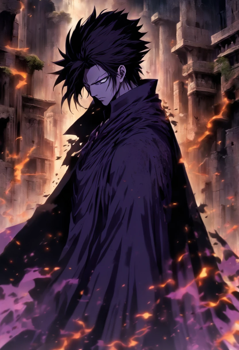 Tall man, appearance 17 years old, Short black hair, hair similar to Sosuke Aizen, black hair, His skin is white, He is wearing a black overcoat, He is wearing a black mask that only covers his mouth and nose, his gaze is serene, He is in the ruins of an ancient castle made of stone, it is a dark and gloomy place, His eyes are purple, his hands are bandaged, He is wearing a long black cape, imposing, ((best quality)) ((very detailed)) ((As per description)) ((masterpiece))