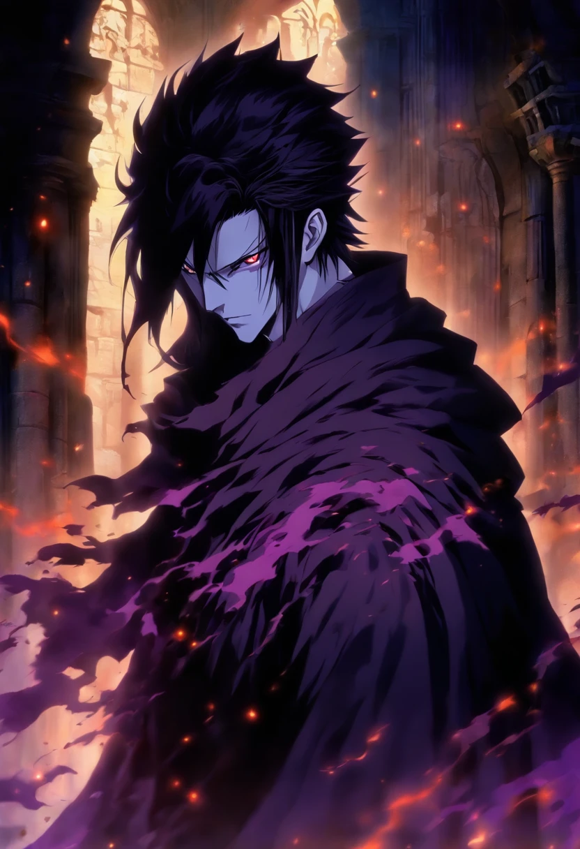 Tall man, appearance , Short black hair, hair similar to Sosuke Aizen, black hair, His skin is white, He is wearing a black overcoat, He is wearing a black mask that only covers his mouth and nose, his gaze is serene, He is in the ruins of an ancient castle made of stone, it is a dark and gloomy place, His eyes are purple, his hands are bandaged, He is wearing a long black cape, imposing, ((best quality)) ((very detailed)) ((As per description)) ((masterpiece))