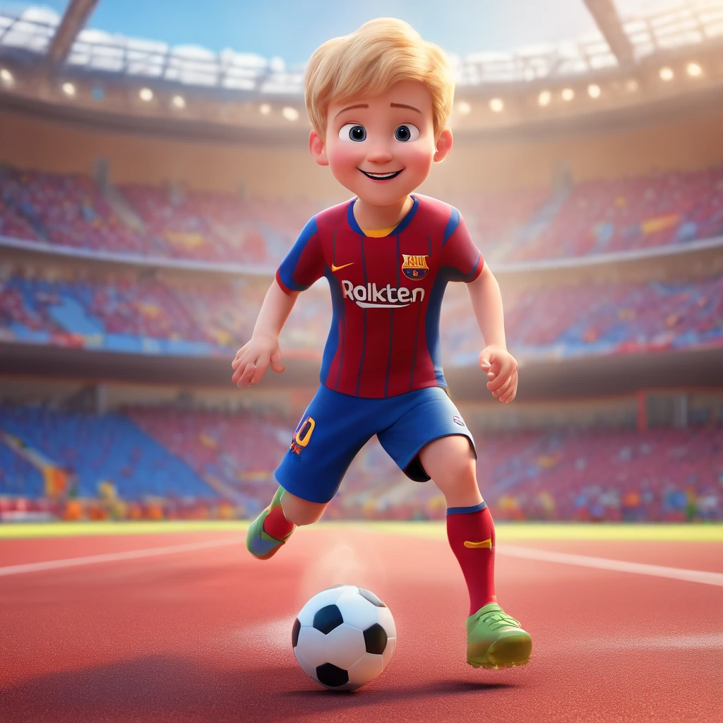 A 3d movie poster in disney-pixar style of a 4 year old child, very short blonde hair, small ears and big cheeks, fair skin, green eyes, wearing a red and blue Barcelona shirt, playing football in a stadium, with a smile on his face