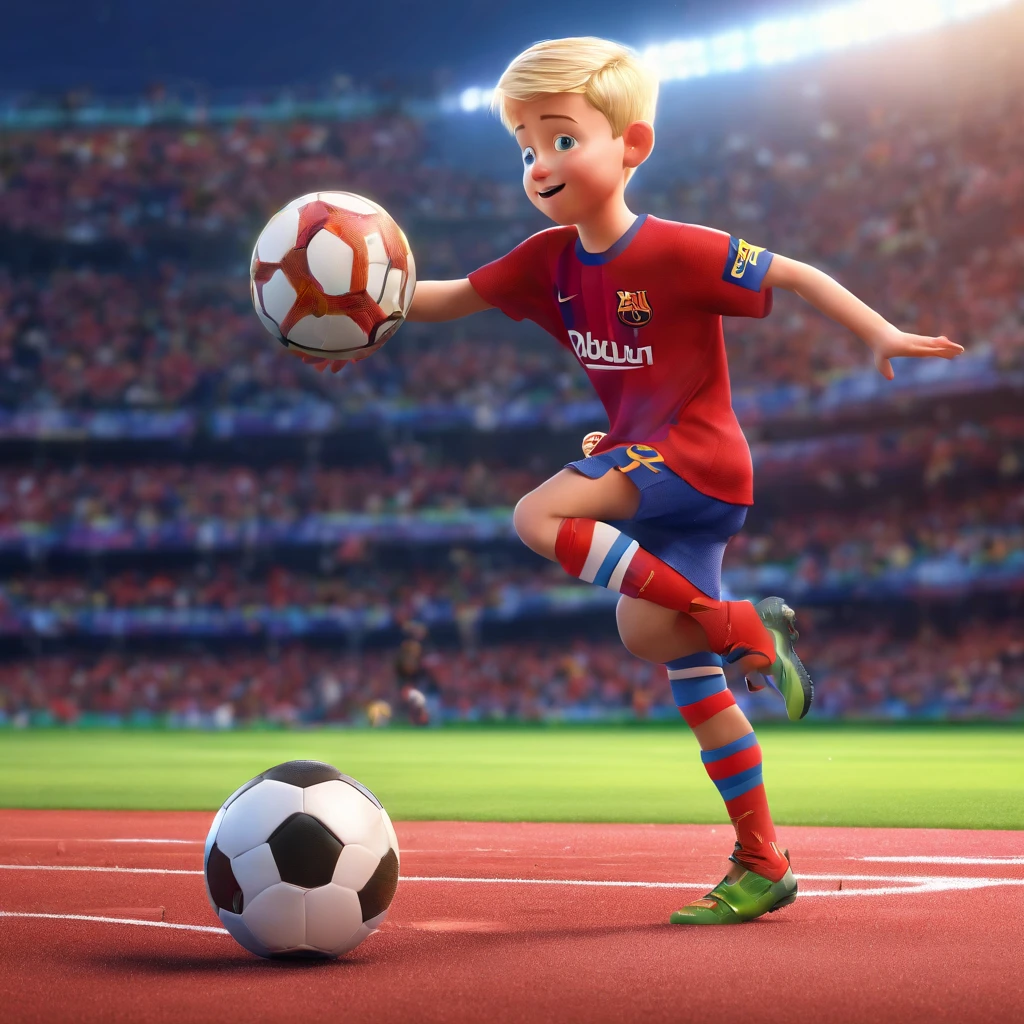 A 3d movie poster in disney-pixar style of a 4 year old child, very short blonde hair, small ears and big cheeks, fair skin, green eyes, wearing a red and blue Barcelona shirt, playing football in a stadium, with a smile on his face