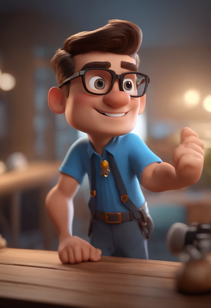 Cartoon character of a man with black glasses and a blue shirt, animation character, Caractere estilizado, animation style rendering, 3D estilizado, Arnold Maya render, 3 d render stylized, toon render keyshot, Personagem 3D, Personagem 3D, 3d rendering stylized, 3 d character render, personagem de desenho animado, Personagem de close up, Pose de personagem, (Estilo Pixar) (master part:1.2) (Bokeh) (best quality) (pele detalhada) (textura detalhada) (8k) (argila) (Cinematic lighting) (foco nítido