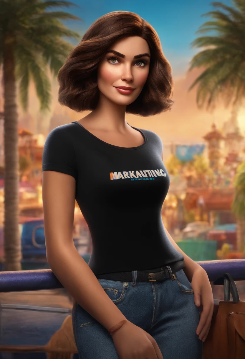 filme Marketing 2023 estilo filmes Pixar, Com nome "N - Marketing", poster, With short, lighter brunette hair and a black t-shirt in front of her crossed arms.
