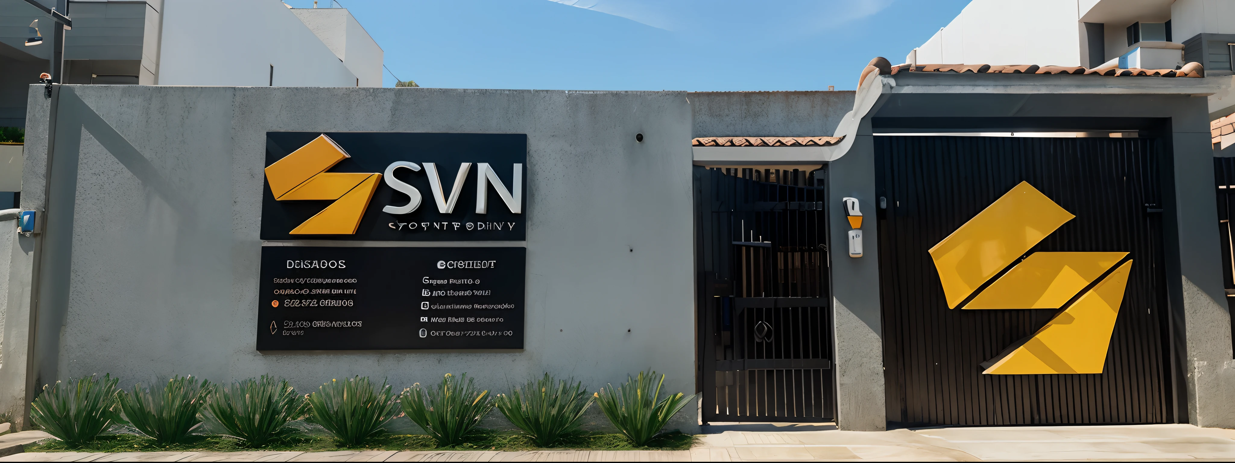 A 3D pixar style façade of the real estate company with the logo on the gate and a beautiful clear sky just the way it is in the photo