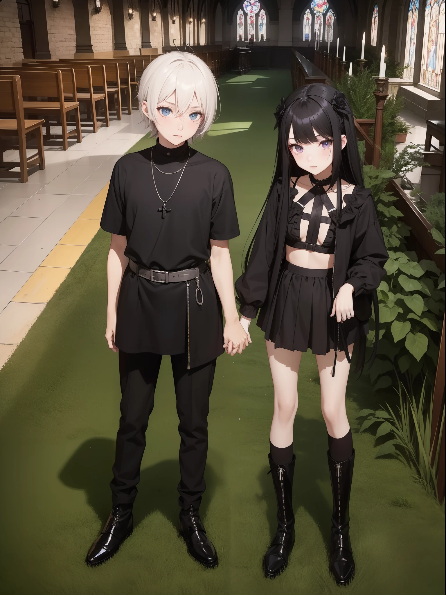 A pair of male and female characters，wearing black clothes，standing in the room，The boys wore black sweaters, Black casual cool, and black Martin boots，The boy has short flaxen-colored hair，It has red and black heterochromatic pupils，The girls wore black dresses and sexy short black skirts，The girls wore long black snow pipes，The girl has long black hair，Gothic style of dressing，And then they were in the brightly lit churches，Hand in hand，style of anime，Two-dimensional style，Gorgeous church