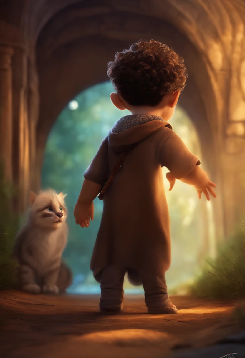 Desenho pixar, de 4 anos, cabelo preto curto partido no meio, nariz largo, olhos puxados, nariz levemente largo boca pequena, bochechas grandes