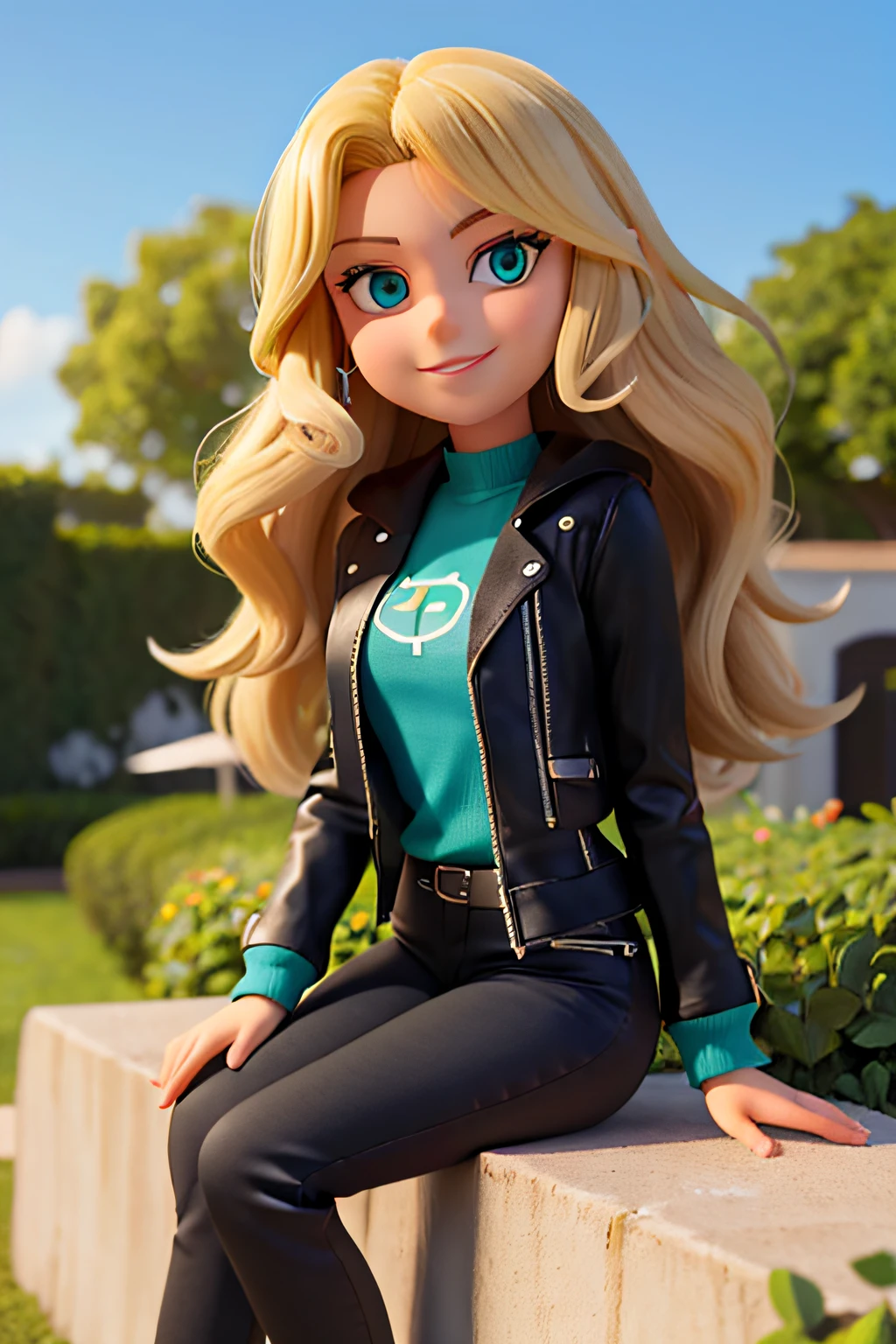  Girl Blonde Big Hair Blue Eyes Slim Smile Clusa Green And Black Black Pants Sitting In A Garden(melhor qualidade)