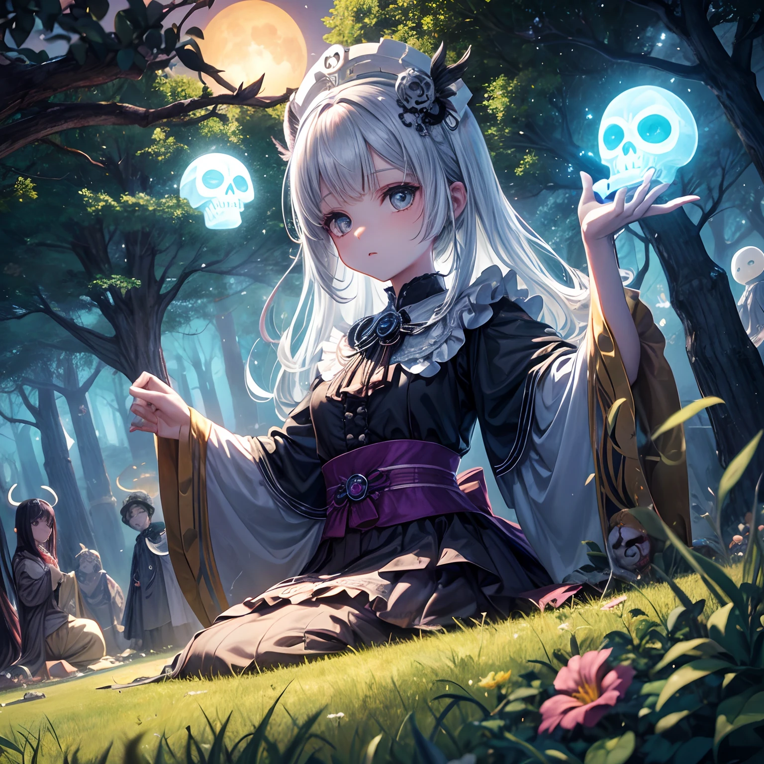 Ilustracao estilo anime de cemiterio simples de vilarejo, uma cepelinha ao fundo, neblina fraca ao chao, Jovem mulher fantasma apaixonada por jovem homem fantasma translucidos transparentes, Luminous orbs around with faces painted with mexican skull sitting under tree playing viola, It's a whole night An owl on the tree branch, vegetation on the ground