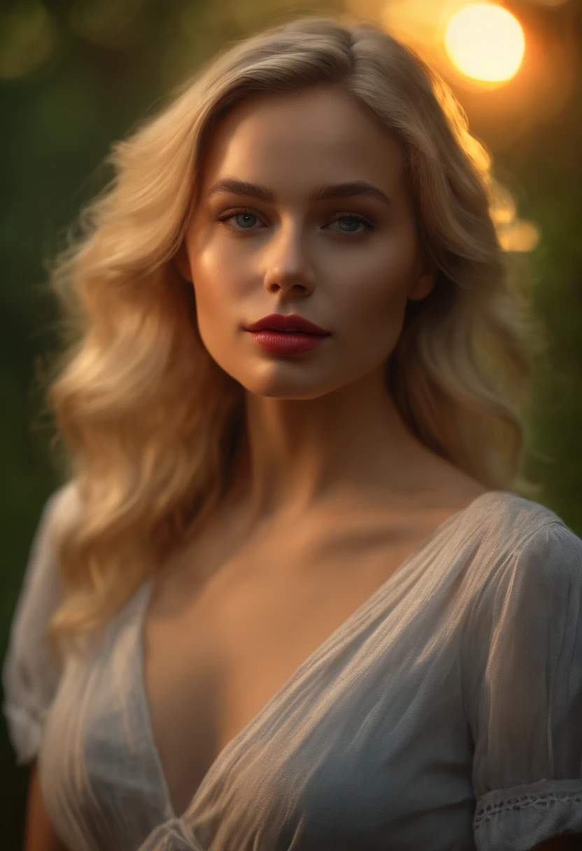 (best quality,4k,8k,highres,masterpiece:1.2), ultra-detailed, (realistic,photorealistic,photo-realistic:1.37), closeup portrait, sexy, [blonde hair], parted lips, [lips], in the nude, looking at viewer, [forest background], [sunset lights]
