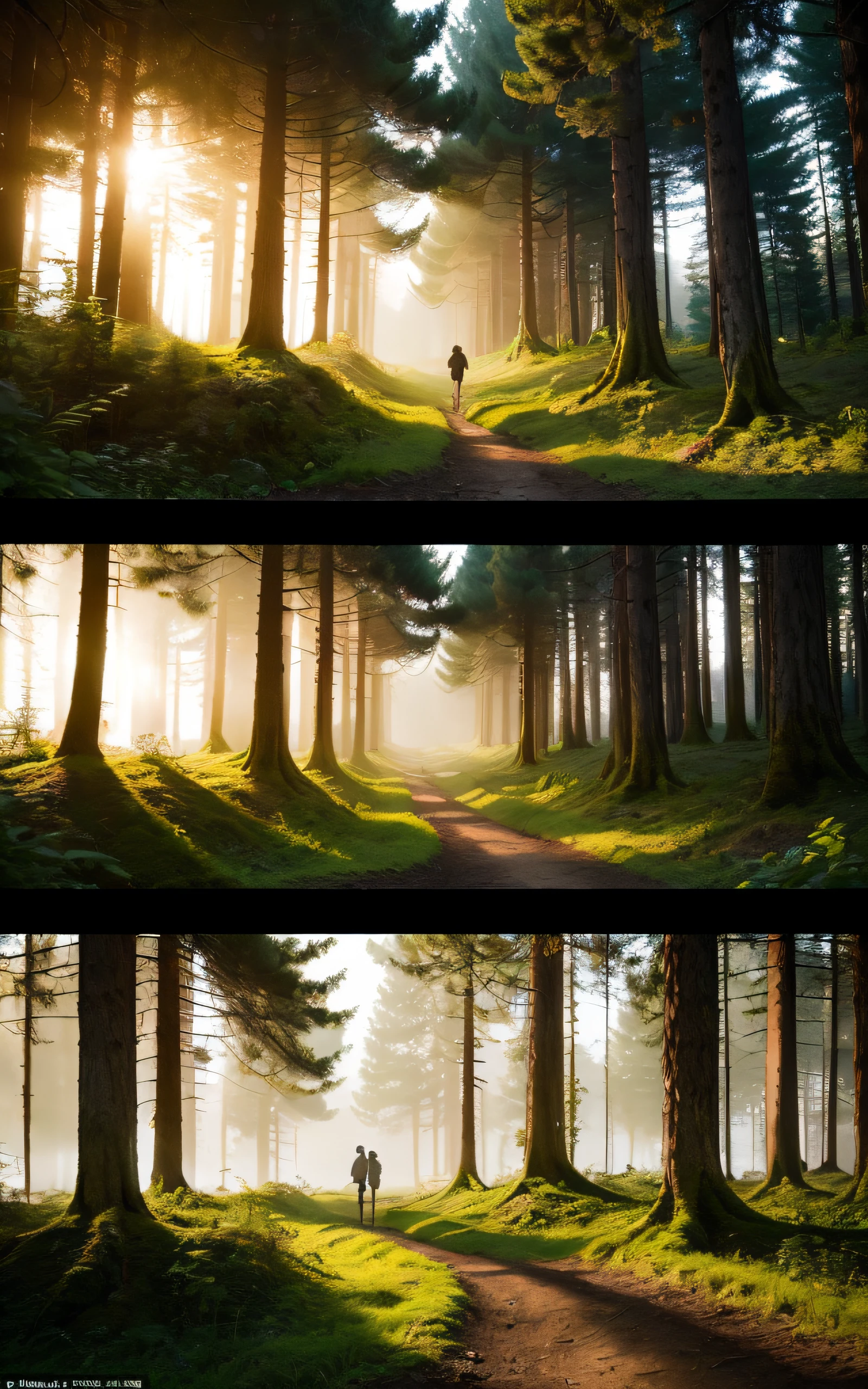 ((top-quality、​masterpiece、photographrealistic:1.4、in 8K))、A forest with a mysterious atmosphere, A forest lined with ancient trees, The morning sun passes through the trees,  no people,