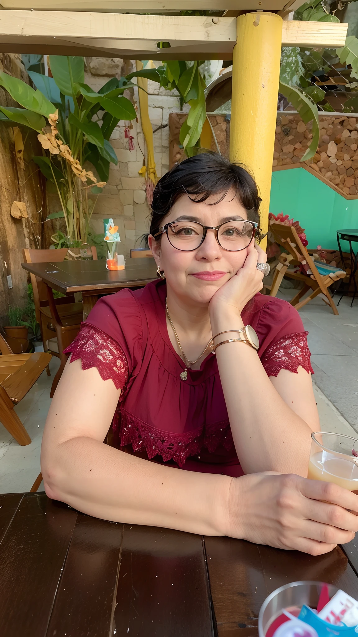 There's a woman sitting at a table with a drink, Directed by: Nandor Soldier, Directed by: Kathleen Scott, Directed by: Amédée Ozenfant, taken in the early 2020s, inspired by Verónica Ruiz de Velasco, Nancy Grossman, imagem retrato, Sandra Chevier, Magda Torres Gurza, Directed by: Helen Berman