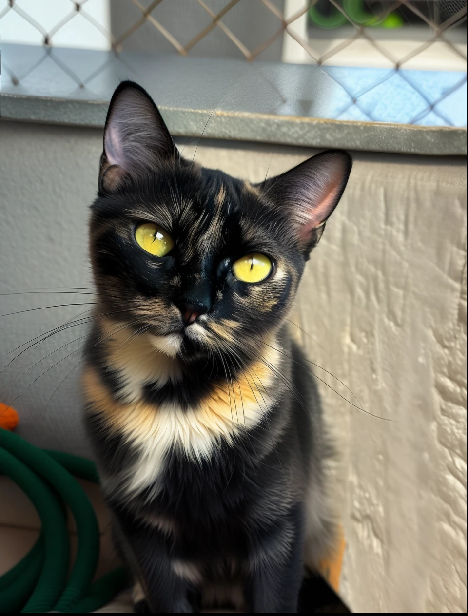 There's a cat that's sitting on a chair outside, ela tem cerca de 1 6 anos de idade, Focused amber eyes, retrato frontal, com olhos amarelos brilhantes, Tirada com uma Canon EOS 5D, Tirado com uma Canon EOS 5 D, calico, taken with a canon dslr camera, Anos, Ela tem orelhas de elfo e olhos dourados, foto de retrato em close-up, Calico cat