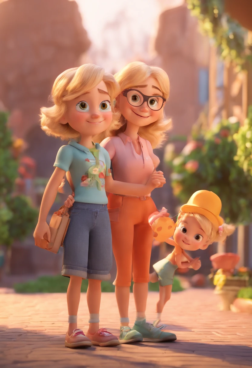 Estilo pixar: A 28-year-old blonde mother and her two children, uma menina e um menino ambos com 6 meses