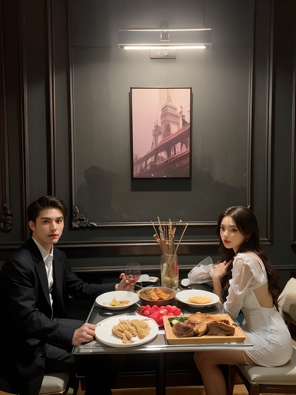 Top quality, masterpiece, ultra high resolution, (photorealistic: 1.4), (1 male, 1 female: 1.2), raw photos, dark cabaret club interior, (man and woman sitting on a high-class sofa enjoying excessive skinship: 2), (staring at each other: 1.5), , men and women in their 20s, hugs, kisses, (women are wearing luxurious and sexy party dresses, men are in formal suits :1.2), perfect face, perfect body, perfect clothes, perfect anatomy, movie lighting, romantic indirect lighting, detailed and delicate drawing, gaze does not look at the front