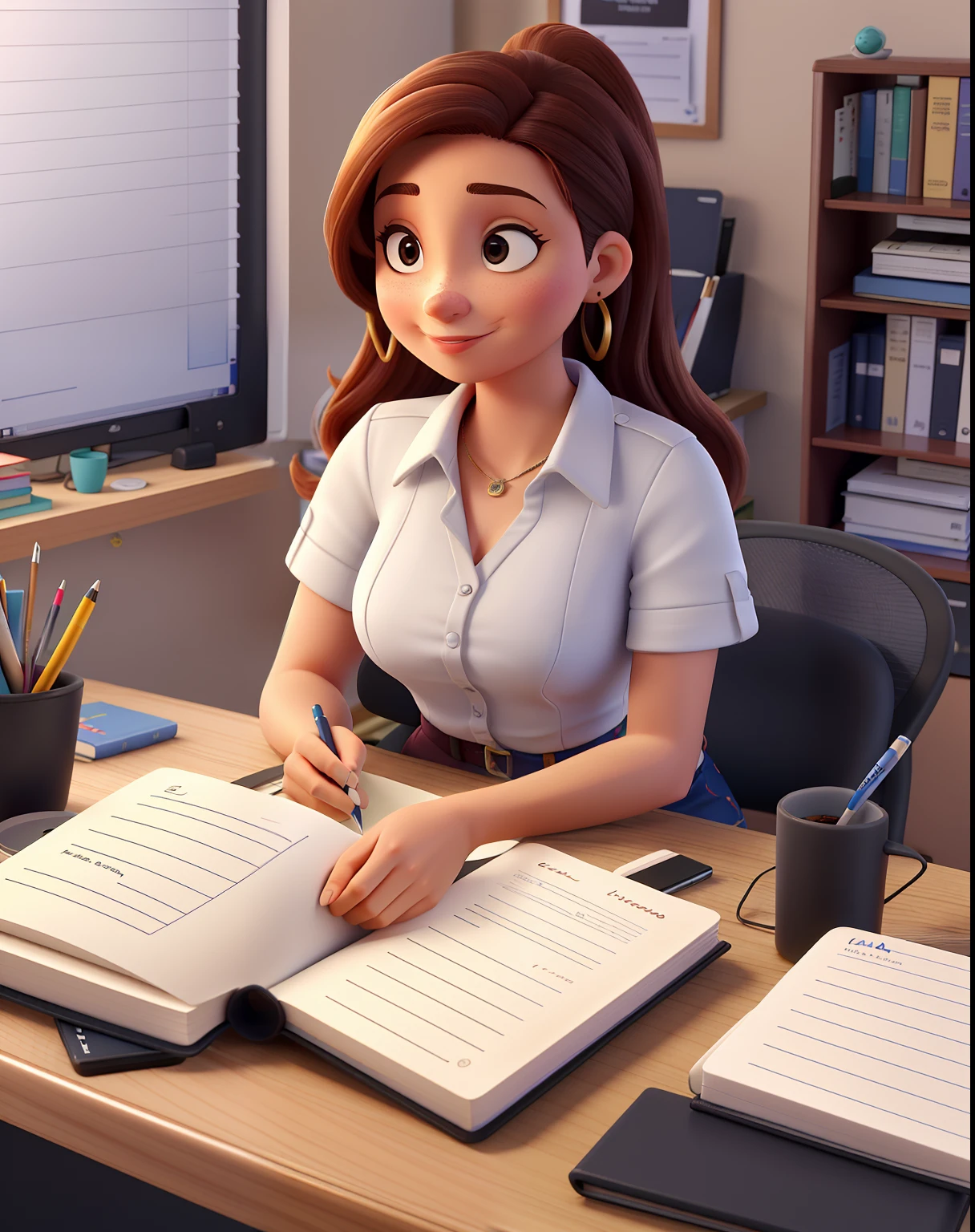 Uma mulher com cabelos longos e castanhos, olhos castanhos, pele clara, Sitting at an office desk, trabalhando em seu notebook e falamdo ao telefone, no pano de fundo uma linda biblioteca.