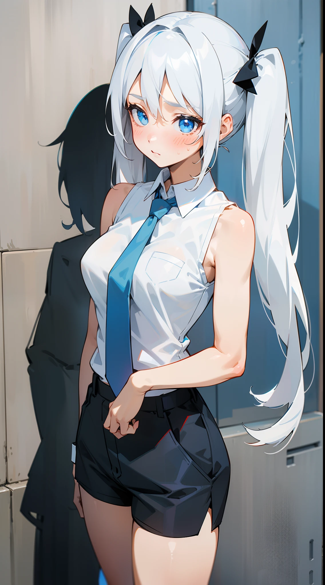 NSFW, white hair, blue eyes, ponytail, medium bust, solo, blushing, sweating, adult female leaning forward, cleavage, suit