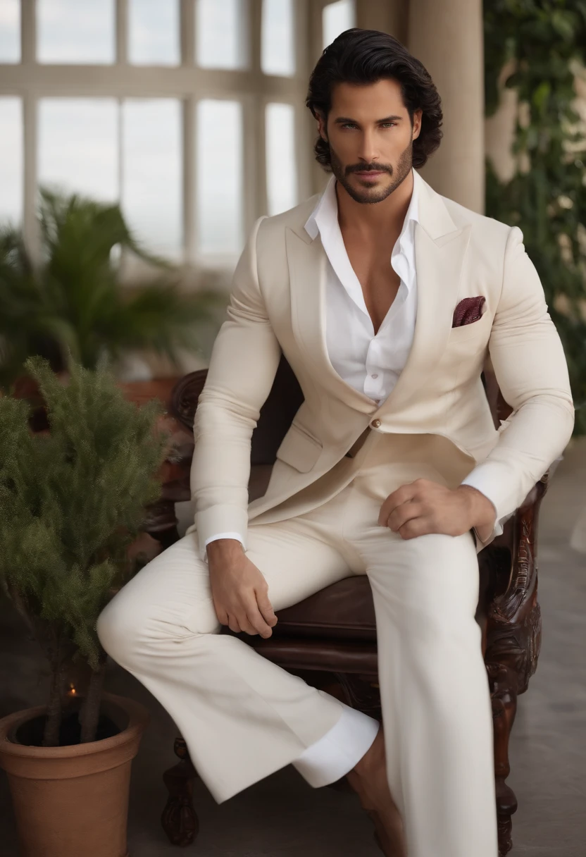 A young man，Handsome，bem musculoso，corpo peludo，meia branca，Ultra-thin pantyhose（Olhos detalhados：1.3），Topless nu，Nudez em todos os lugares，Olhos escuros，massive bulge，Protruding black hair from bulge, Esbian de corpo inteiro，Character sitting in a chair with arms raised, cabelos pretos (cabelo curto e elegante,), nice pose, homem bonito, cara bonita, Pose elegante real, Businessman, (em um blazer listrado), (The surrounding environment is a luxurious and classic living room) (Imagens de tom de areia) ultra realistic, Prince of royalty looking, Old Money Aesthetics, Italian appearance, terno elegante, Rolex, Classic car in the background, Appearance of royalty, vestindo terno branco,, Joe Manganiello face lookalike, Italian luxury mansion in the background, Homem italiano,