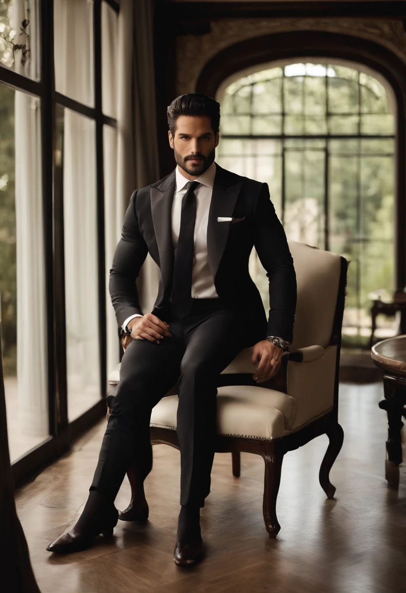 A young man,Handsome,bem musculoso,corpo peludo,meia branca,Ultra-thin pantyhose(Olhos detalhados:1.3),??????? nu,Nudez em todos os lugares,Olhos escuros,massive bulge,Protruding black hair from bulge, Esbian de corpo inteiro,Character sitting in a chair with arms raised, cabelos pretos (cabelo curto e elegante,), nice pose, homem bonito, cara bonita, Pose elegante real, Businessman, (em um blazer listrado), (The surrounding environment is a luxurious and classic living room) (Imagens de tom de areia) ultra realistic, Prince of royalty looking, Old Money Aesthetics, Italian appearance, terno elegante, Rolex, Classic car in the background, Appearance of royalty, vestindo terno branco,, Joe Manganiello face lookalike, Italian luxury mansion in the background, Homem italiano,