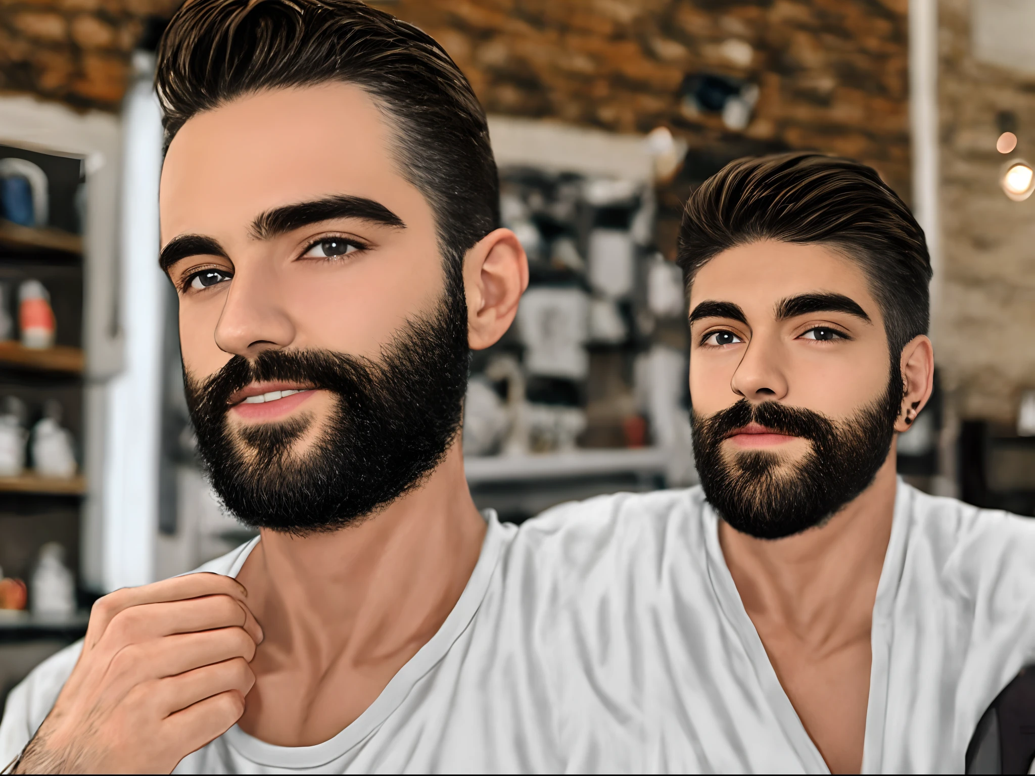 Homem,magro,cabelo de lado,barba,rosto oval preta,usando jaleco branco no pet shop