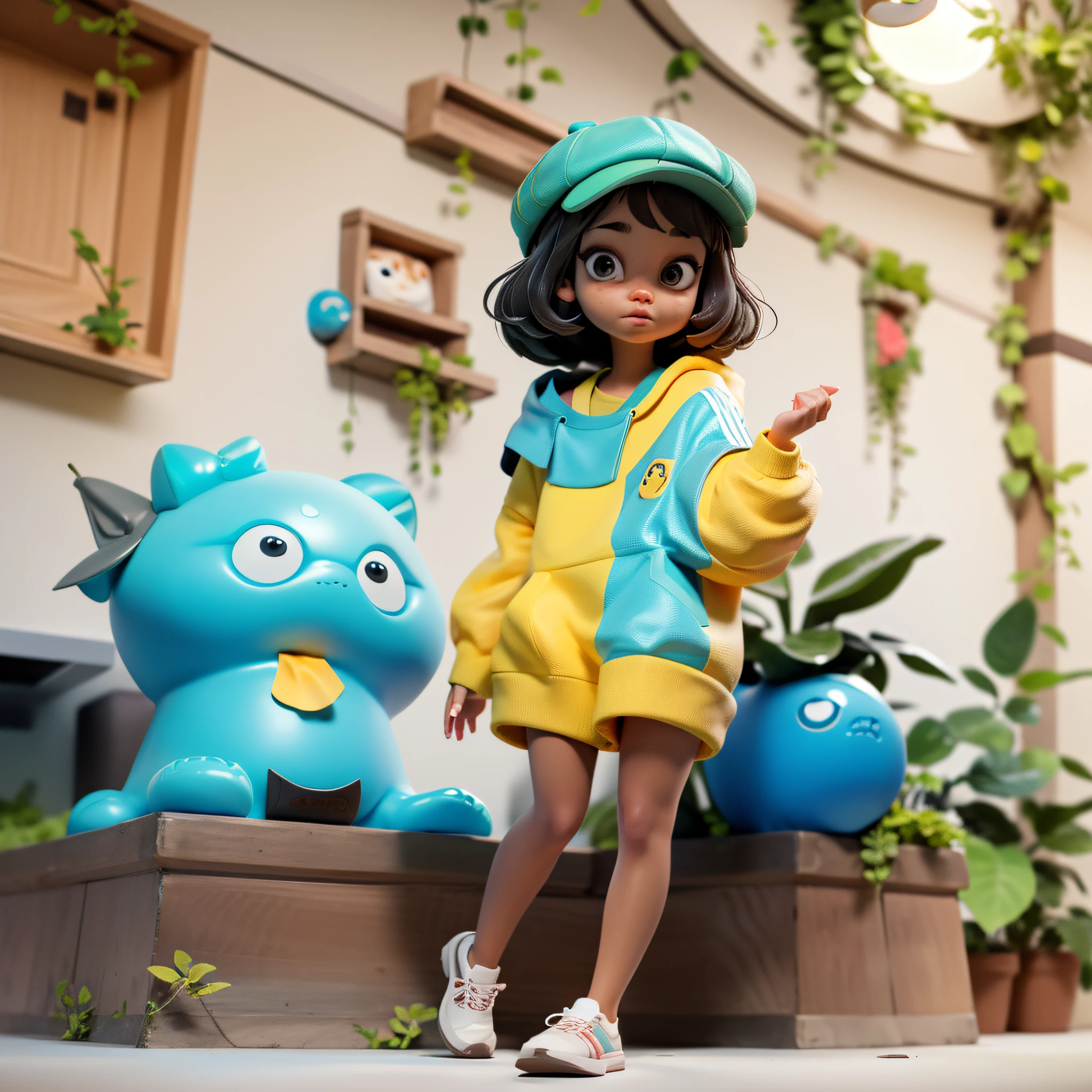 estilo pixar, 1 menina, menina sozinha, pele branca, cabelos castanhos, cabelo encaracolados, olhos castanhos escuro, com blusa roxa, saia branca, pulseiras coloridas no punho, adidas shoes, White Sneakers, foto inteira, corpo inteiro, fofo, cute, banner, local jardim florido, borboletas coloridas, Soft Lighting Photo, fundo levemente desfocado