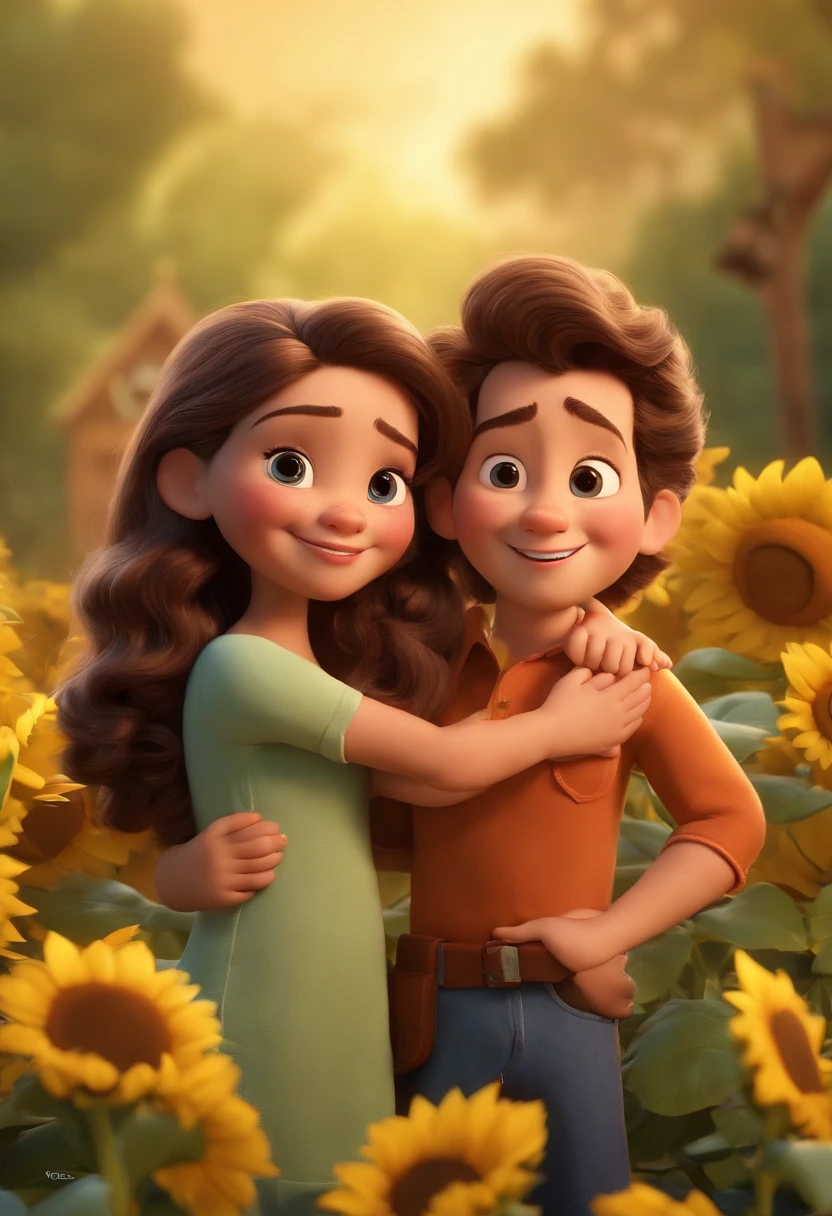 Create a Disney PIXAR-style 3D poster. ((centro da imagem, twins)), ((2 children)) ((2 meninos, They're hugging each other, O menino tem pele branca e cabelos castanhos escuros e olhos castanhos claro, 1 menino tem pele clara, olhos castanho claro e cabelo liso castanho claro)) By the side of babies, An adult mother, pele clara, cabelos longos e pretos, olhos castanhos claros ((tudo isso no estilo Disney PIXAR 3D, In the background, A house of sunflowers, Gloria Studio, The garden is full of nature 3D render RTX clay material, estilo de design cartunesco, POP Mart, soft lighting, linhas suaves, Spring tilt, Detailed illustrations of PIXAR 3D, Detalhes hiper-realistas, cor quente no estilo Disney PIXAR 3D))