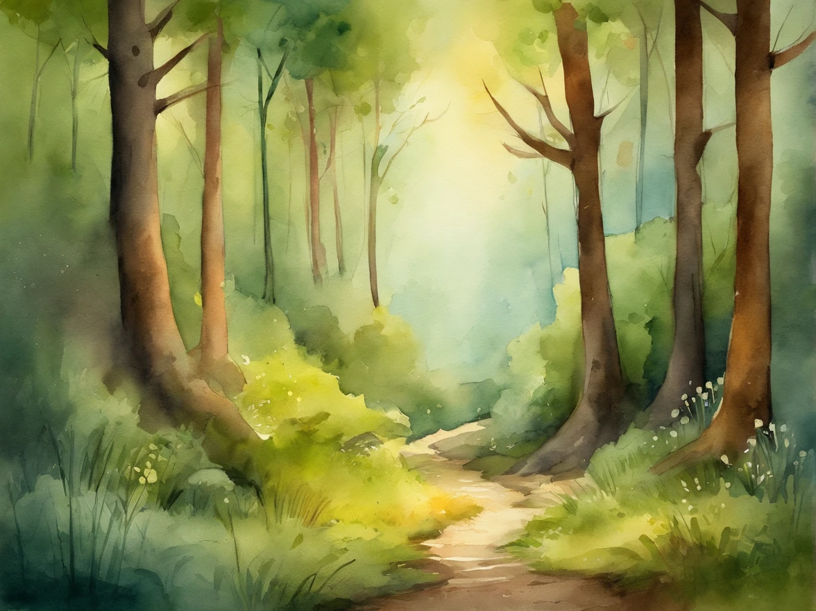 Scenery, forest interior, children's book illustration style, simple, cute, no animals, no people, Pixar style, no objects.