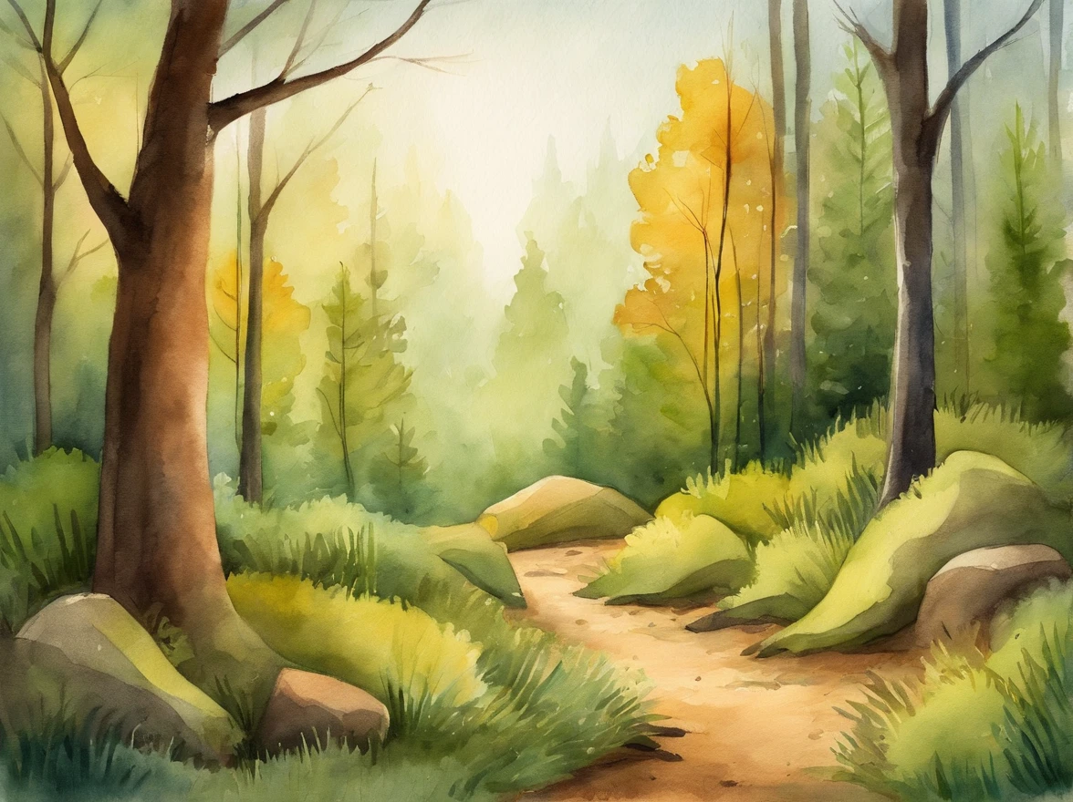 Scenery, forest interior, children's book illustration style, simple, cute, no animals, no people, Pixar style, no objects.