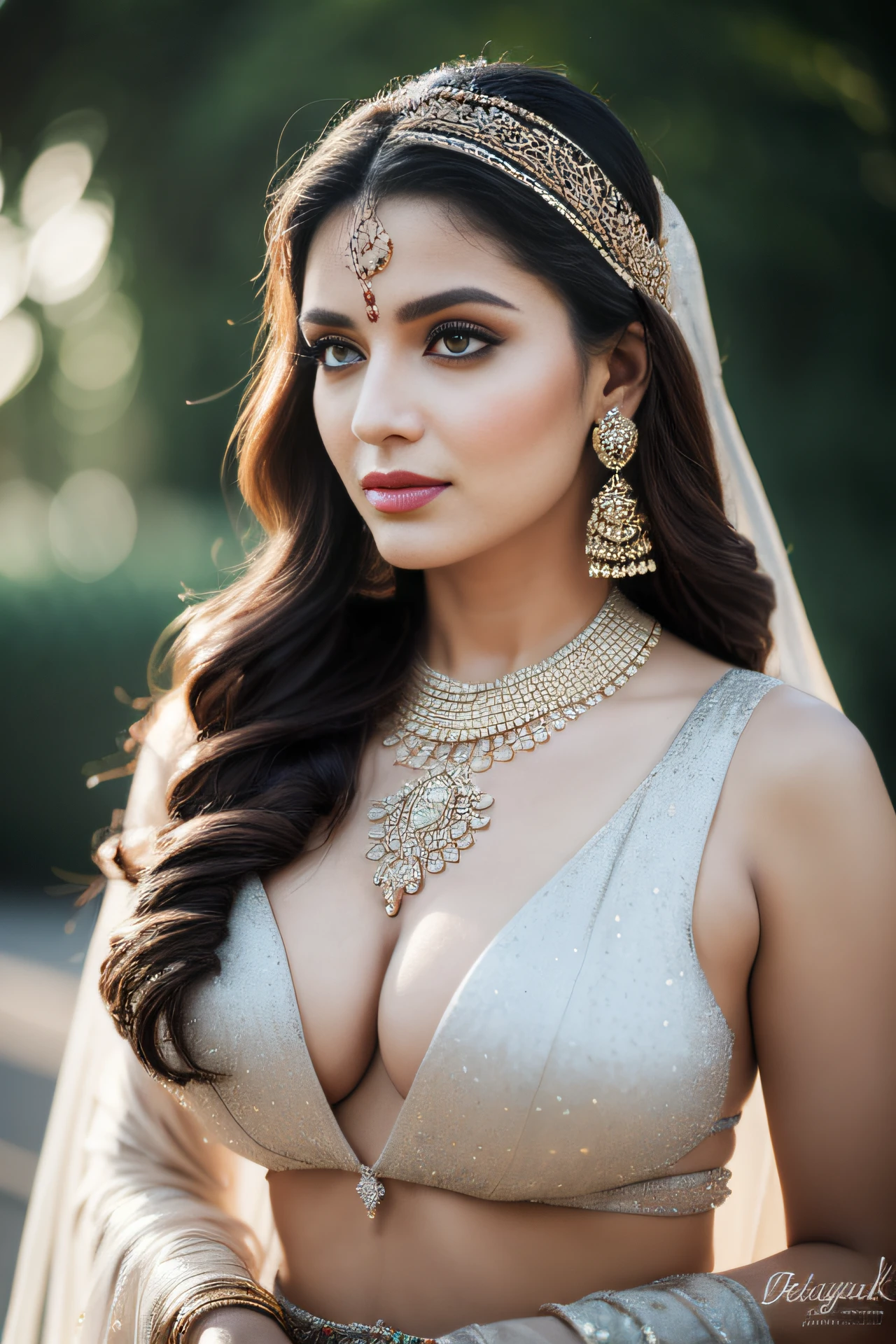 side topless portrait of A confident-looking indian woman princess with long flowing hair, hazel eyes, with flowing see-through royal saree and breast visible see-through blouse, wearing designer jewellery, designer royal gown, a crown on head, visible c-cup breast sitting on royal garden, palace background, bokeh perfect composition, hyperrealistic, super detailed, 8k, high quality, trending art, trending on artstation, sharp focus, photo shoot, intricate details, highly detailed, art by greg rutkowski