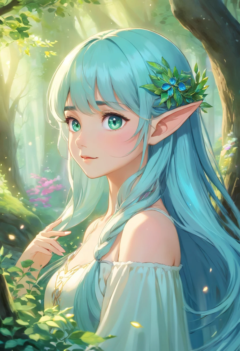 Watercolor Illustration, Whimsical, Delicate, Ethereal, Woodland Fairy, Detailed Face, Porcelain Skin, Elongated Eyes, Fringed Eyelashes, Cherubic Lips,  Figure, Petal-like Wings, Floral Crown, Dewdrop Ears, Tendrils of Vines, Emerald Green Dress, Tailored Bodice, Flowing Skirt, Moss-covered Roots, Crystalline Stream, Flora and Fauna, Illuminated by Dappled Sunlight, Pastel Colors, Watercolor Technique, Sandrine Wang's Style, A4 Sheet,