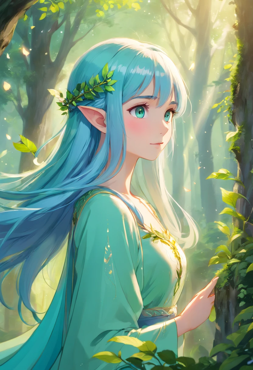 (best quality,4k,8k,highres,masterpiece:1.2),ultra-detailed,(realistic,photorealistic,photo-realistic:1.37),elf,pointed ears,long blue hair,detailed green eyes,enchanted forest,flowing gown,fairytale vibes,soft sunlight,dewy leaves,peaceful atmosphere,ethereal beauty,vibrant colors,fantasy artwork,elven princess,serene expression,magical beings,soothing ambiance,dainty features,playful wind,whispering trees,gentle demeanor,captivating gaze,mythical creatures,mystic aura,dreamlike setting,graceful posture,serene surroundings,magical realm,captivating artwork,luminous glow,fantastical elements,enchanted charm,elven royalty,ethereal atmosphere,enchanted light,magical presence,shimmering hair,delicate details