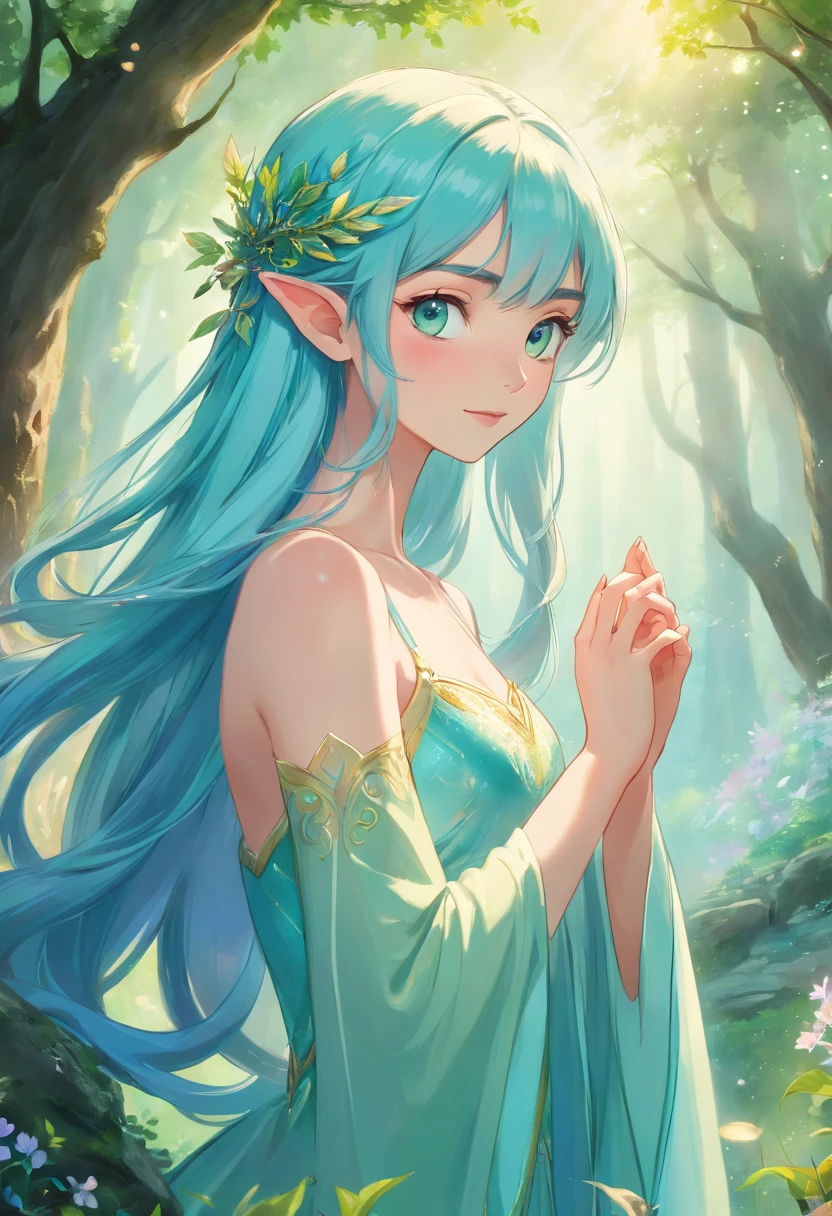 (best quality,4k,8k,highres,masterpiece:1.2),ultra-detailed,(realistic,photorealistic,photo-realistic:1.37),elf,pointed ears,long blue hair,detailed green eyes,enchanted forest,flowing gown,fairytale vibes,soft sunlight,dewy leaves,peaceful atmosphere,ethereal beauty,vibrant colors,fantasy artwork,elven princess,serene expression,magical beings,soothing ambiance,dainty features,playful wind,whispering trees,gentle demeanor,captivating gaze,mythical creatures,mystic aura,dreamlike setting,graceful posture,serene surroundings,magical realm,captivating artwork,luminous glow,fantastical elements,enchanted charm,elven royalty,ethereal atmosphere,enchanted light,magical presence,shimmering hair,delicate details