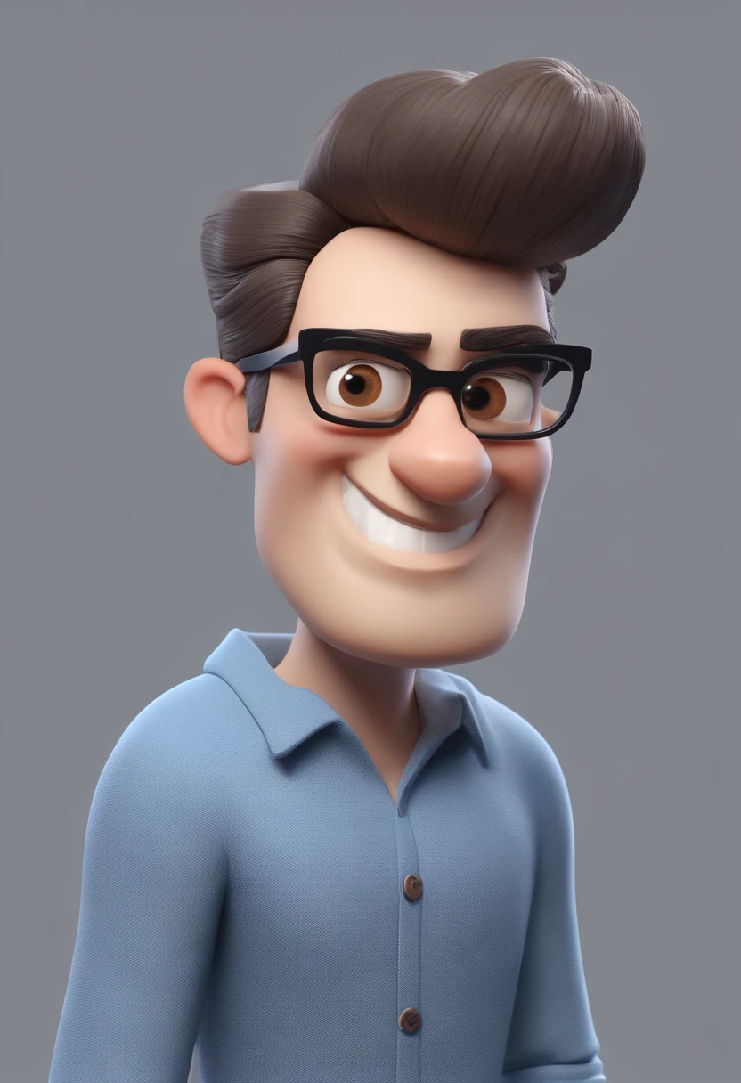 Cartoon character of a man wearing black glasses and a blue shirt, um personagem animado, Caractere estilizado, animation style rendering, 3D estilizado, Arnold Maya render, 3 d render stylized, toon render keyshot, Personagem 3D, Personagem 3D, 3d rendering stylized, 3 d character render, personagem de desenho animado, Personagem de close up, Pose de personagem, (Estilo Pixar) (master part:1.2) (Bokeh) (best quality) (pele detalhada) (textura detalhada) (8k) (argila) (Cinematic lighting) (foco nítido，Senta e vaza a parte superior do corpo