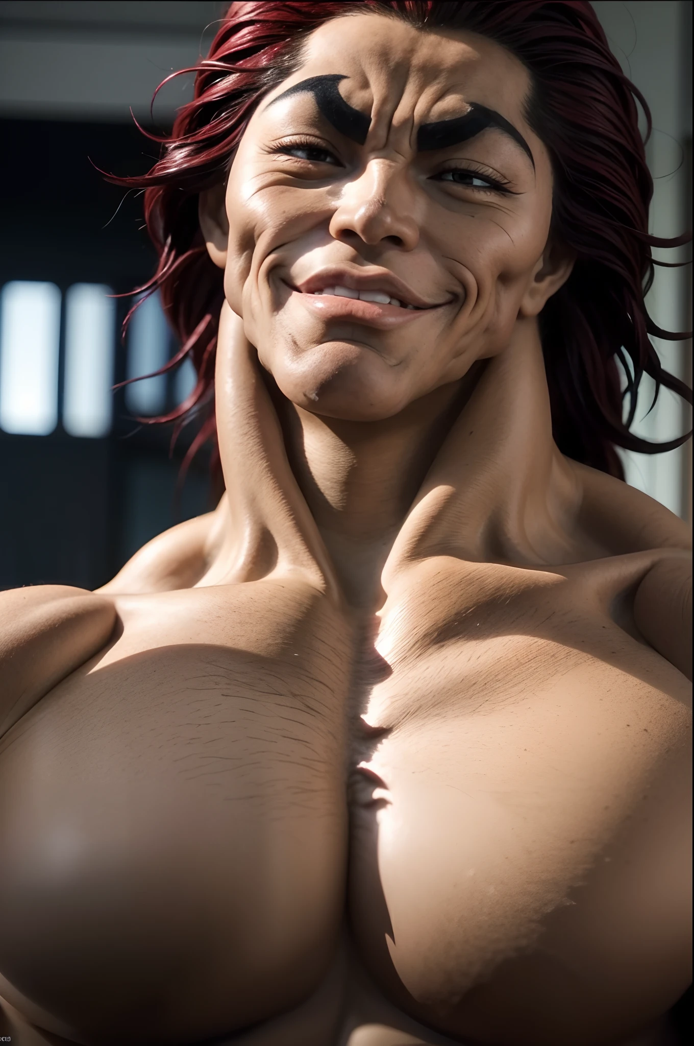 Yujiro handma, portrait, higly detailled, musuclar, musuclar face, 8k, wide, face zoom, red hair, Male, wide face, higly detailled, smiling, appeased, charismatic. zoom in, portrait,