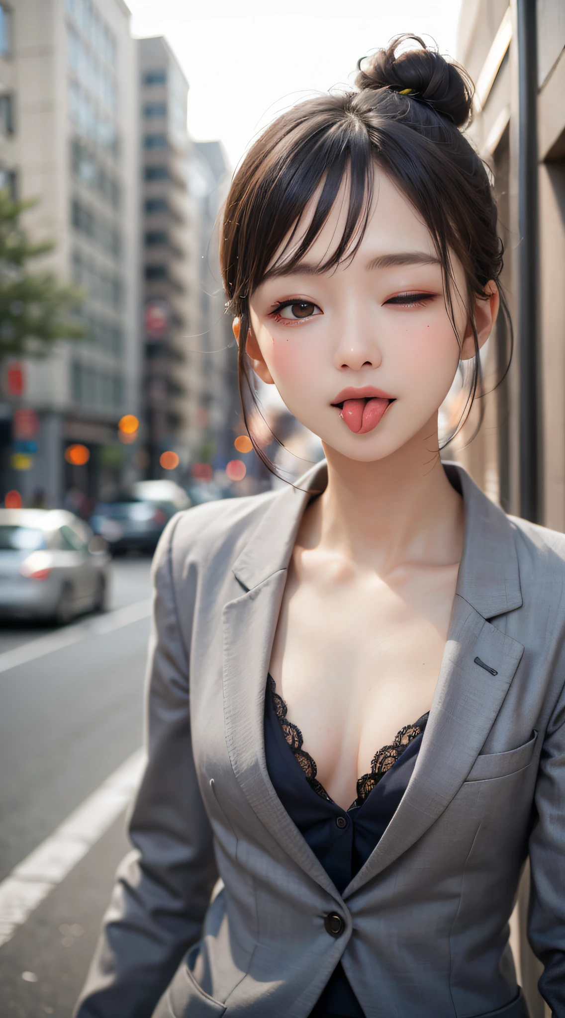 neon street at night, 1girl:1.3, slim body, tight buttocks, perfect body, (small breasts), thin thighs, (one eye closed, wink):1.3, BREAK, woman wearing(fishnet garment:1.3, grey blazer, ribbon, high school uniform:1.2), show cleavage, dark-brown hair, hair bun, BREAK, (Natural Skin Texture, Detailed shiny-skin, black eyes, shiny-lipgloss, (tongue:1.8), Smile happily, perfect face, cute face, thin lips, small face, upper-body shot, (8K, high resolution, Best Quality, masterpiece:1.2), RAW, portrait, high resolution, top-quality, Hyper-Realism, (Photorealistic:1.3), intricate detailed, ultra sharpness, depth of fields, facing front, face focus up