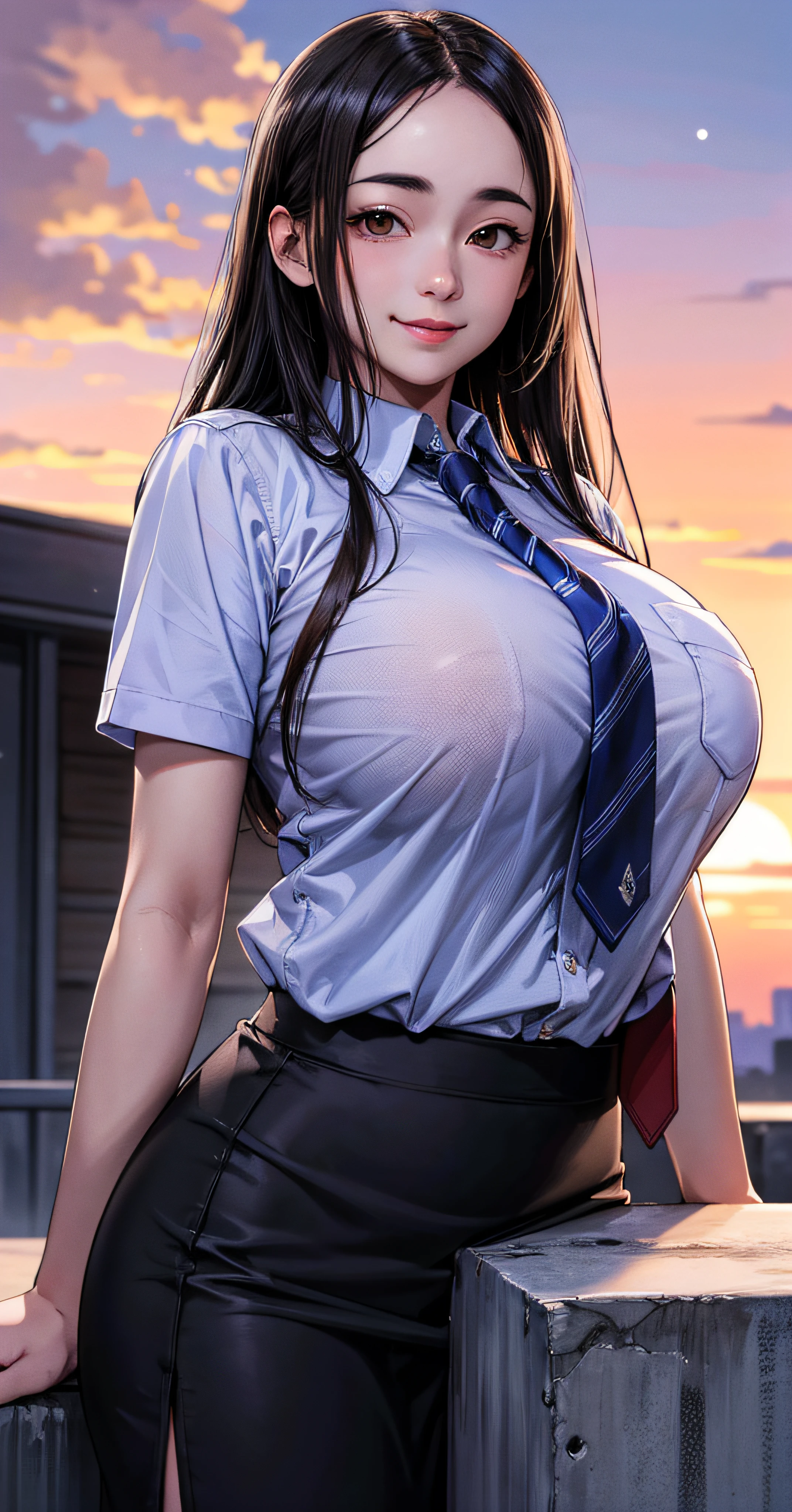 ((masterpiece,intricate details)),realistic, photorealistic,1girl,mature female,Sleek long hair,,brown eyes,smile,huge breasts,,,school uniform,necktie,pencil skirt,baggy socks,sneakers,night,sunset,dusk,cumulonimbus, ((upper body)),from below,depth of field,looking at viewer,