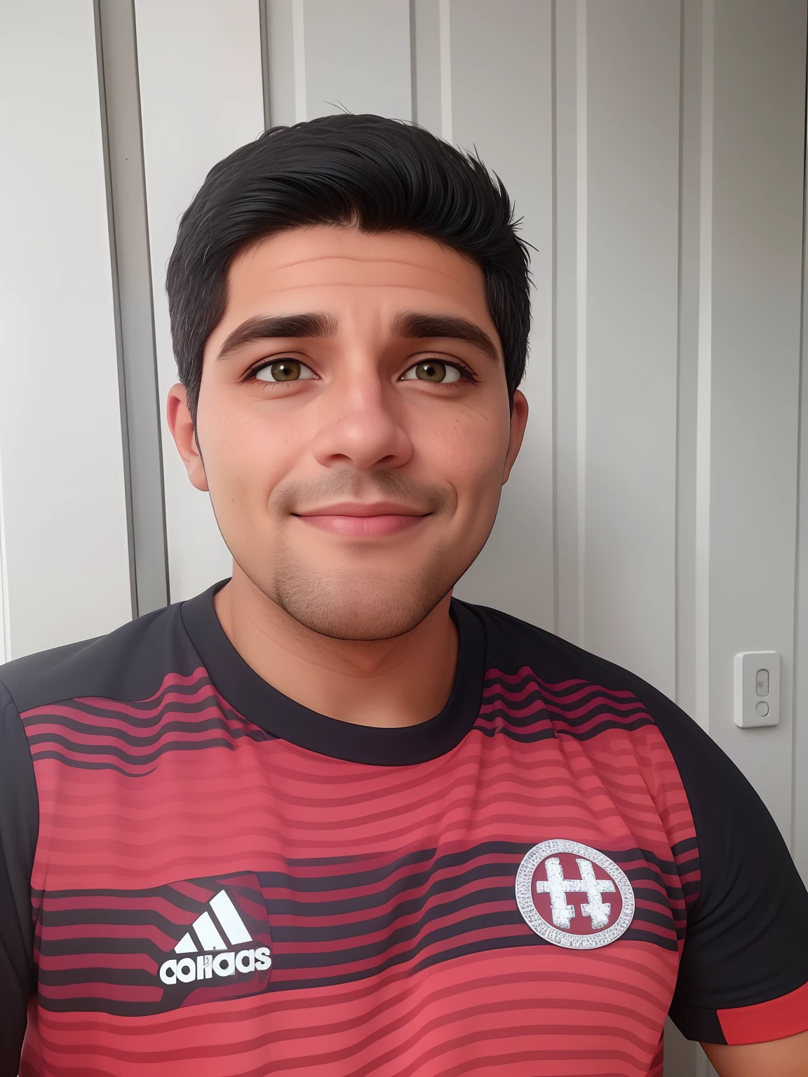 Um homem de 39 anos, brasileiro, do norte do paiscom cabelos preto e liso curto, face de diamante com marcas de acne, olhar rigoroso, e olhos pretos, vestindo camisa do time de futebol do flamengo vermelha e preta.