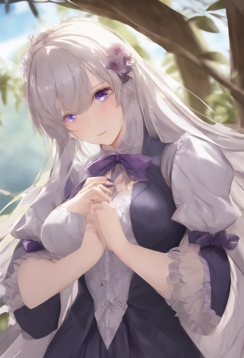 1girl, Frederica Bernkastel, franja, blue bow, cabelos azuis, franja contundente, arco, segurar o peito, rabo de gato, folded arms, vestir, cabelos longos, mangas compridas, Purple eyes, fundo simples, sozinho, arco de cauda, ornamento da cauda, cauda levantada, fita de cauda