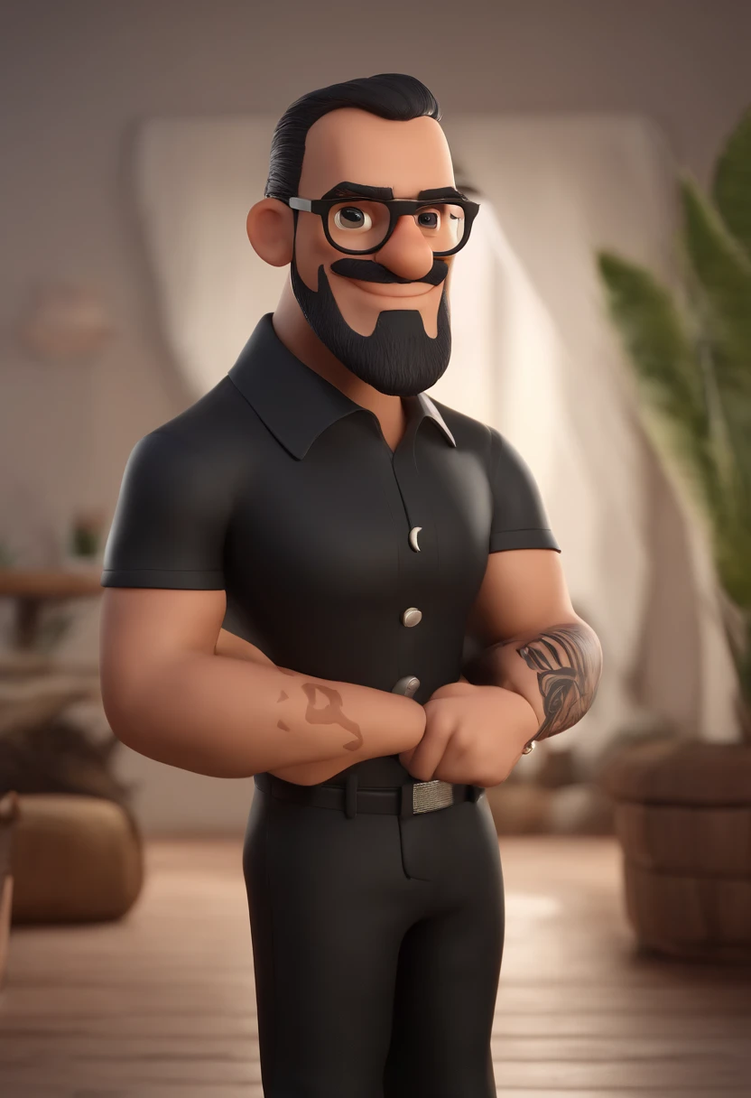 Cartoon character of a man with black glasses and a black polo shirt, cabelo liso, With beard and old school tattoo on his arm, animation character, Caractere estilizado, animation style rendering, 3D estilizado, Arnold Maya render, 3 d render stylized, toon render keyshot, Personagem 3D, Personagem 3D, 3d rendering stylized, 3 d character render, personagem de desenho animado, Personagem de close up, Pose de personagem, (Estilo Pixar) (master part:1.2) (Bokeh) (best quality) (pele detalhada) (textura detalhada) (8k) (argila) (Cinematic lighting) (foco nítido