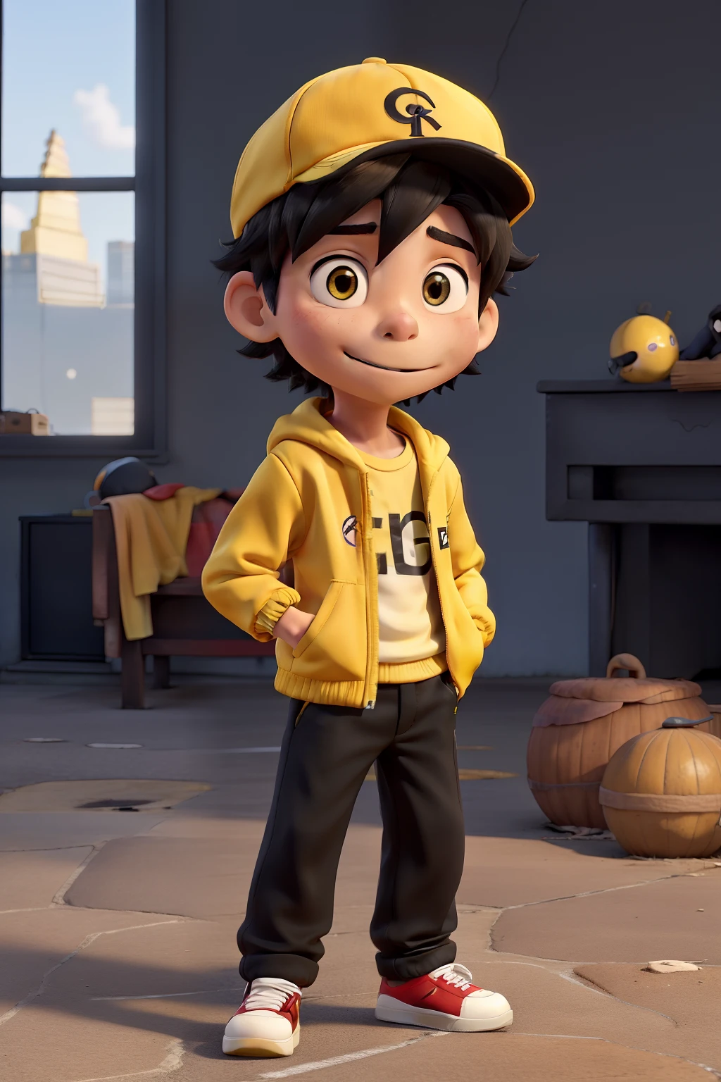 Anime of a yellow boy with flamengo jacket and black straight cap
