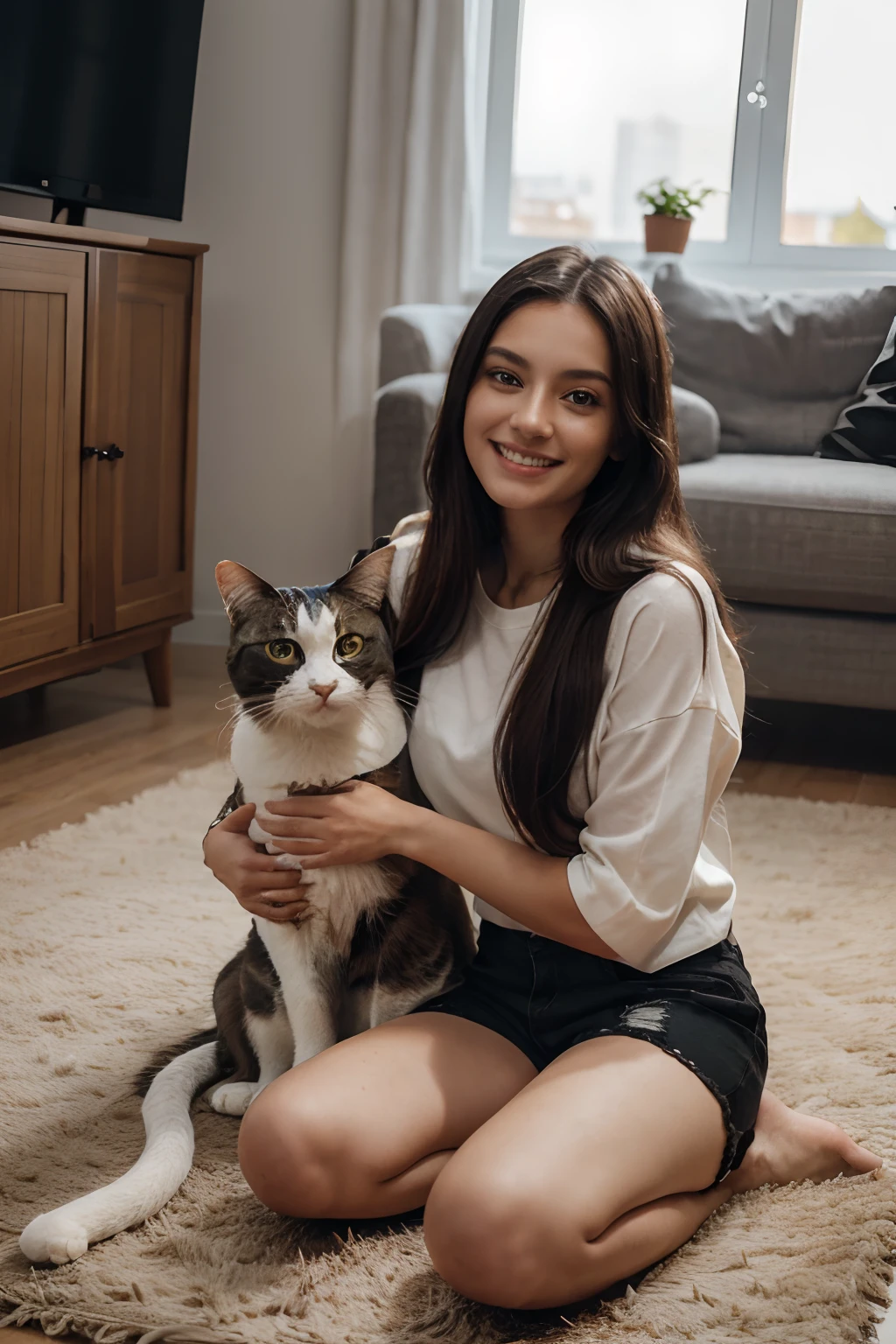 One woman of about 20 years old, black long hair, body measurement 36-25-36, height 5'7", Hazel eyes, wearing shirt and shorts, oversized outfit, sitting on the floor with her pet cat, cat in her arms, playing with her cat, instagram model, scene, happy mood, smiling, calm lighting, Full Body full height Shooting, Masterpiece, RAW Photography, 8k, Top Quality, Fine Pore, Photorealistic, Ultra Detailed, (high skin detail:1.2),Extremely detailed,Intricate, sharp-focus