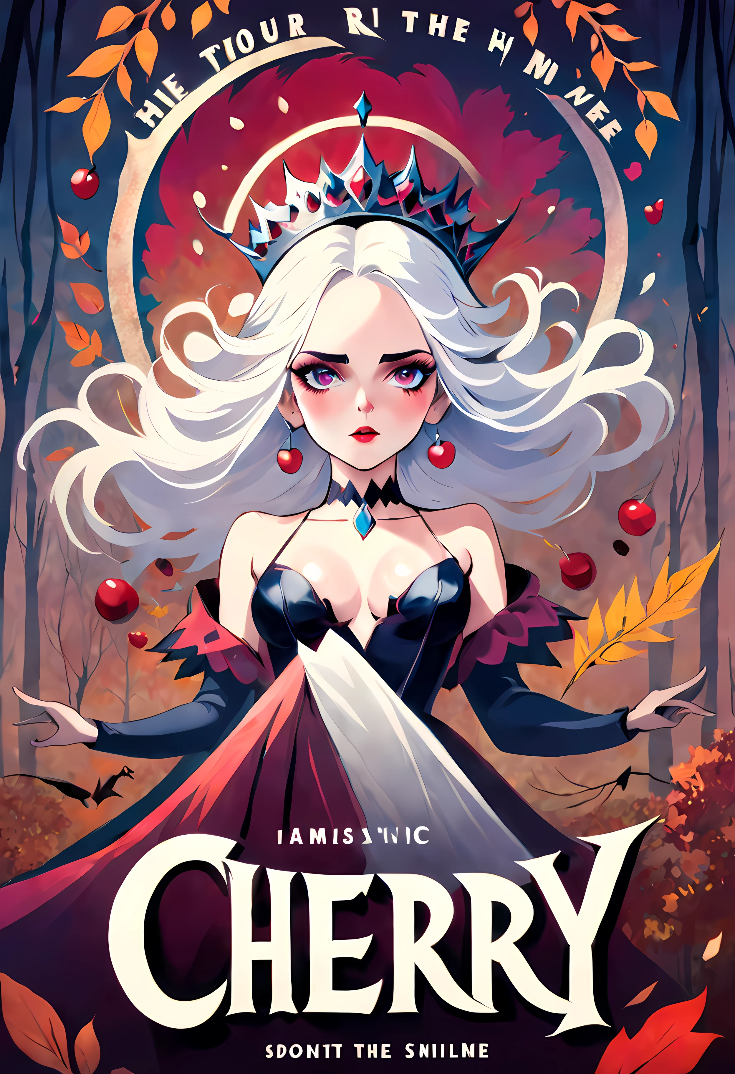 Movie Poster - poster of a movie with the big (title "Cherry" written) in blood, a stunning vampire queen exuding elegance and power positioned at the center of the poster, vivid eyes captivating and piercing drawing viewers into her mysterious allure, long flowing white hair cascading down her shoulders adding to her ethereal beauty, an (elegant tiara) adorning her head symbolizing her regal status and authority, bats in the background hinting at the supernatural and enchanting world she inhabits, a romantic ambiance envelops the poster evoking a sense of forbidden love and passion, (((looking at the viewer))), ((autumn scenery with elegant arc behind))