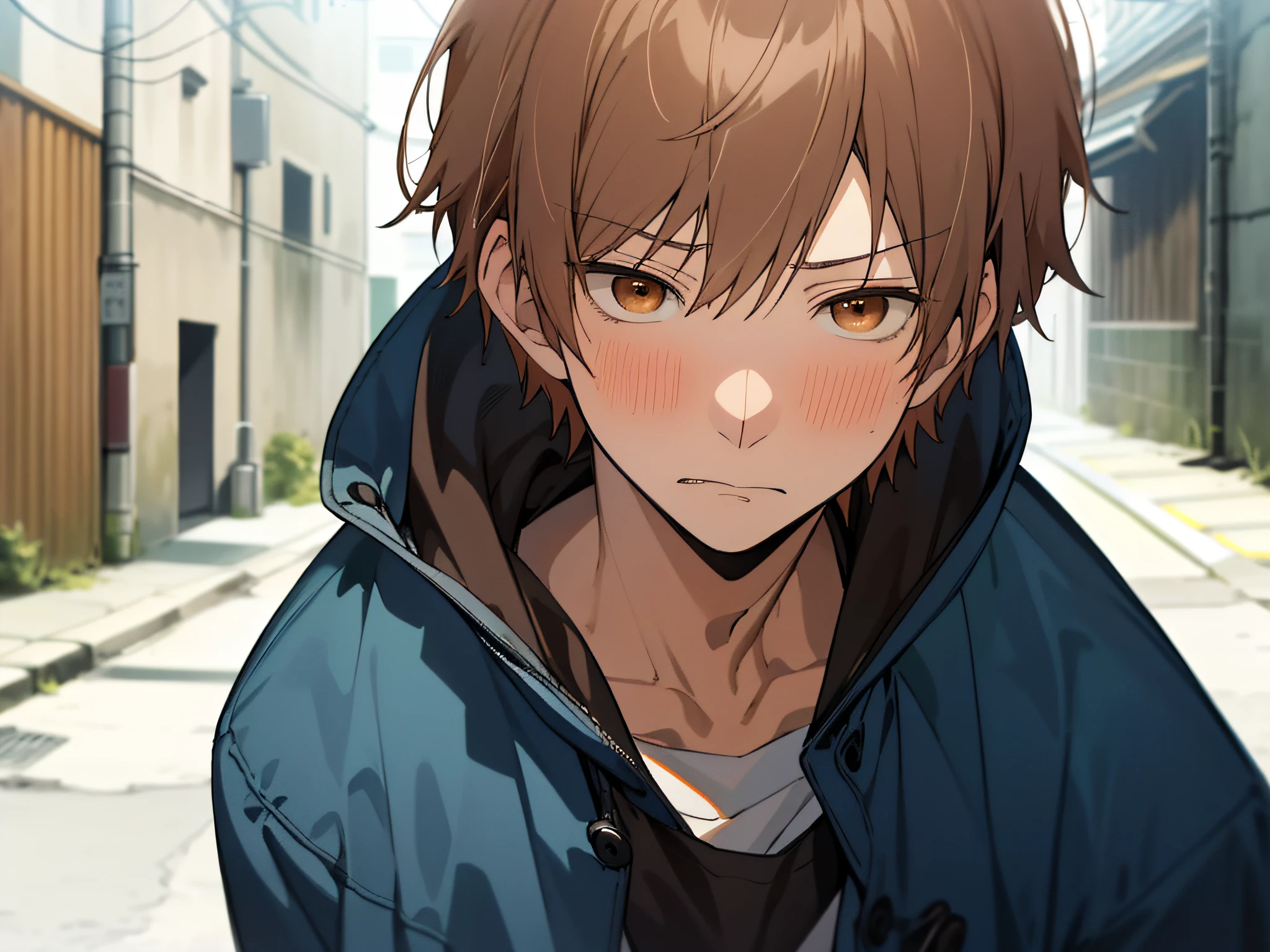 masutepiece, Best Quality, High quality, 1boy, ((Solo,Forcibly withdraw)),yandere,ruthless look,eery,Cold expression,Male Focus, Looking at Viewer, upper body ,Brown eyes, Dark blue hair, parka,The background is on a back street,