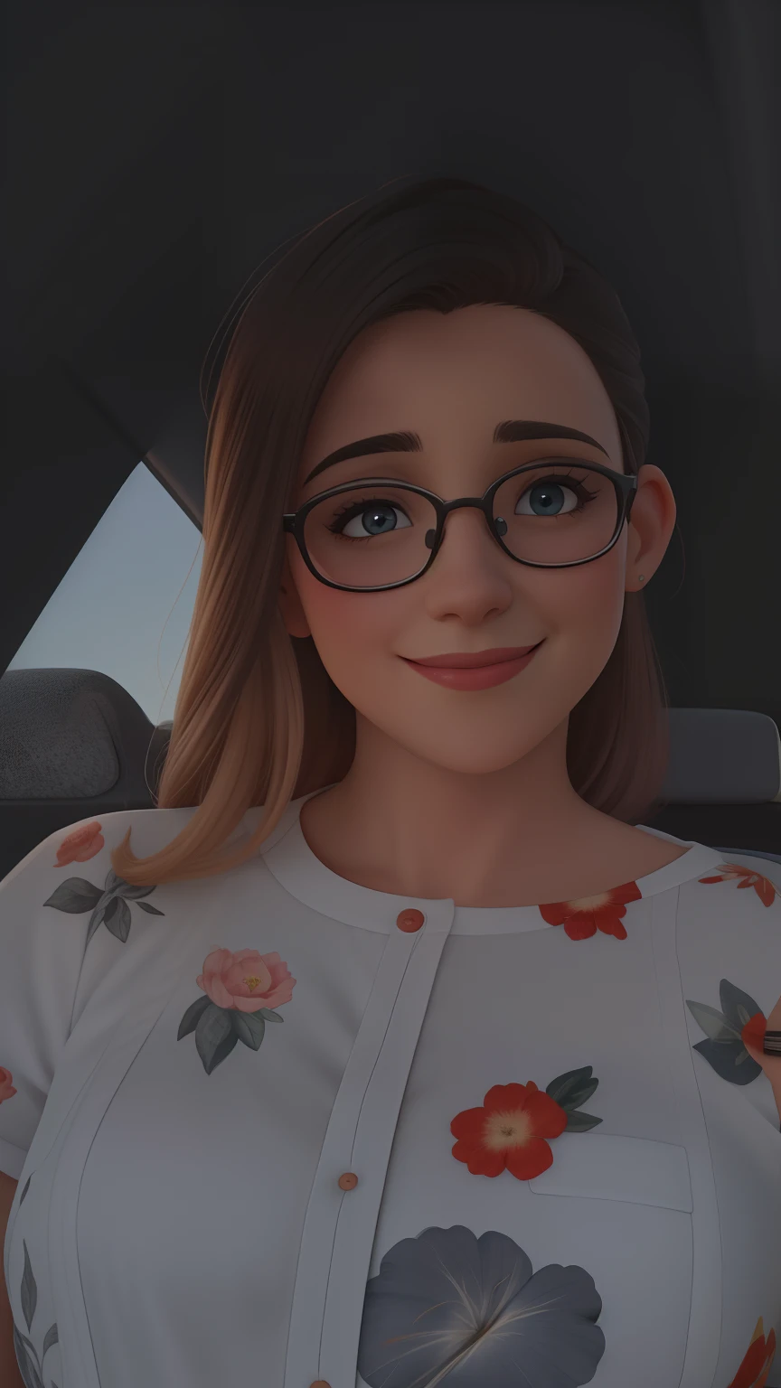 Uma mulher de 34 anos, com cabelos vermelho cobreado curtos, Rosto redondo, rosto redondo com sorriso encantador, e olhos castanhos claros, wearing glasses.