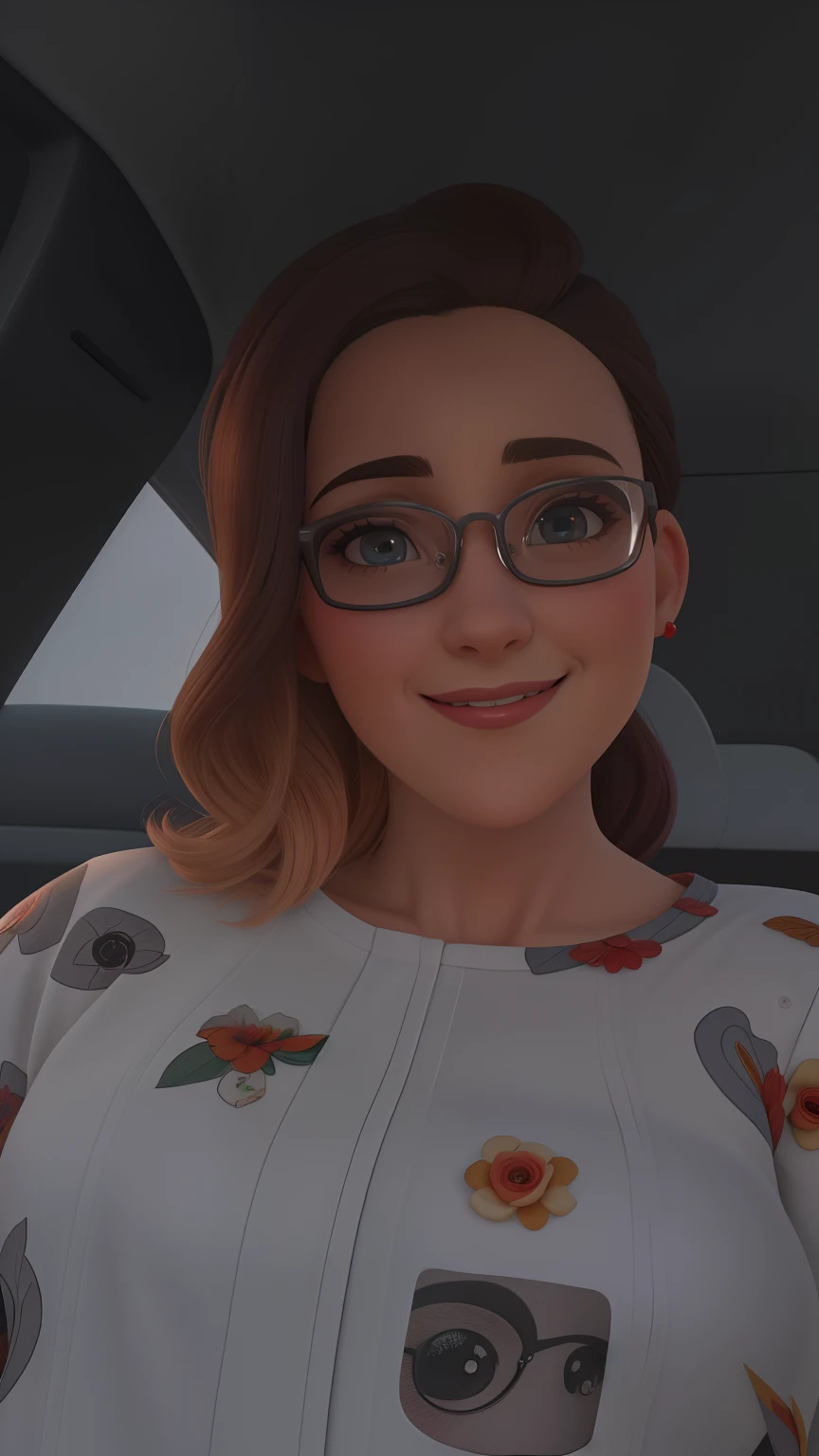 Uma mulher de 34 anos, com cabelos vermelho cobreado curtos, Rosto redondo, rosto redondo com sorriso encantador, e olhos castanhos claros, wearing glasses.