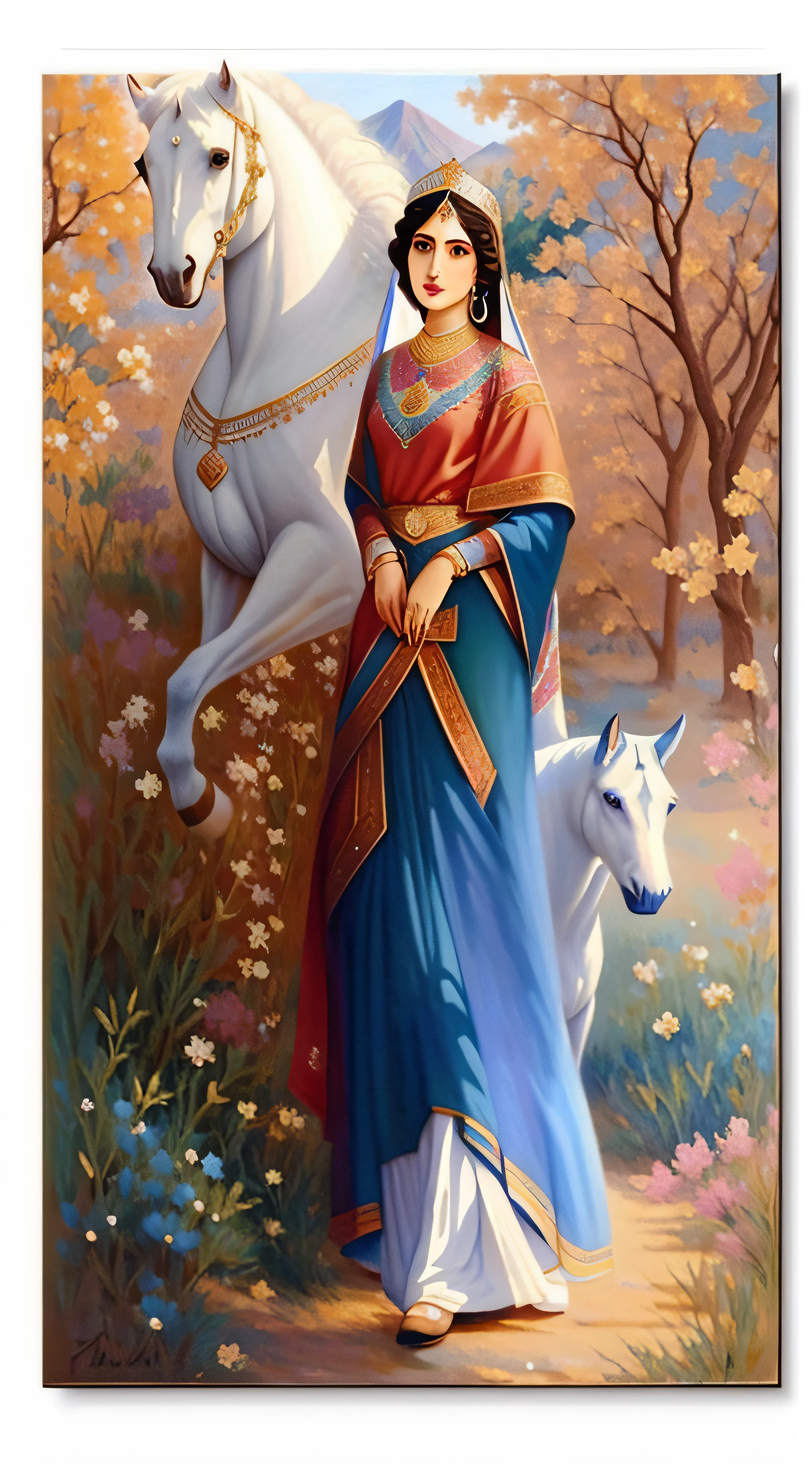 a painting of a woman in a blue dress and a white horse, persian princess, persian queen, by Taravat Jalali Farahani, persian folktale art style, qajar art, majestic saint woman, masterpiece', persian folktale artstyle, by Sohrab Sepehri, beautiful iranian woman, persian folklore illustration, by Jane Small